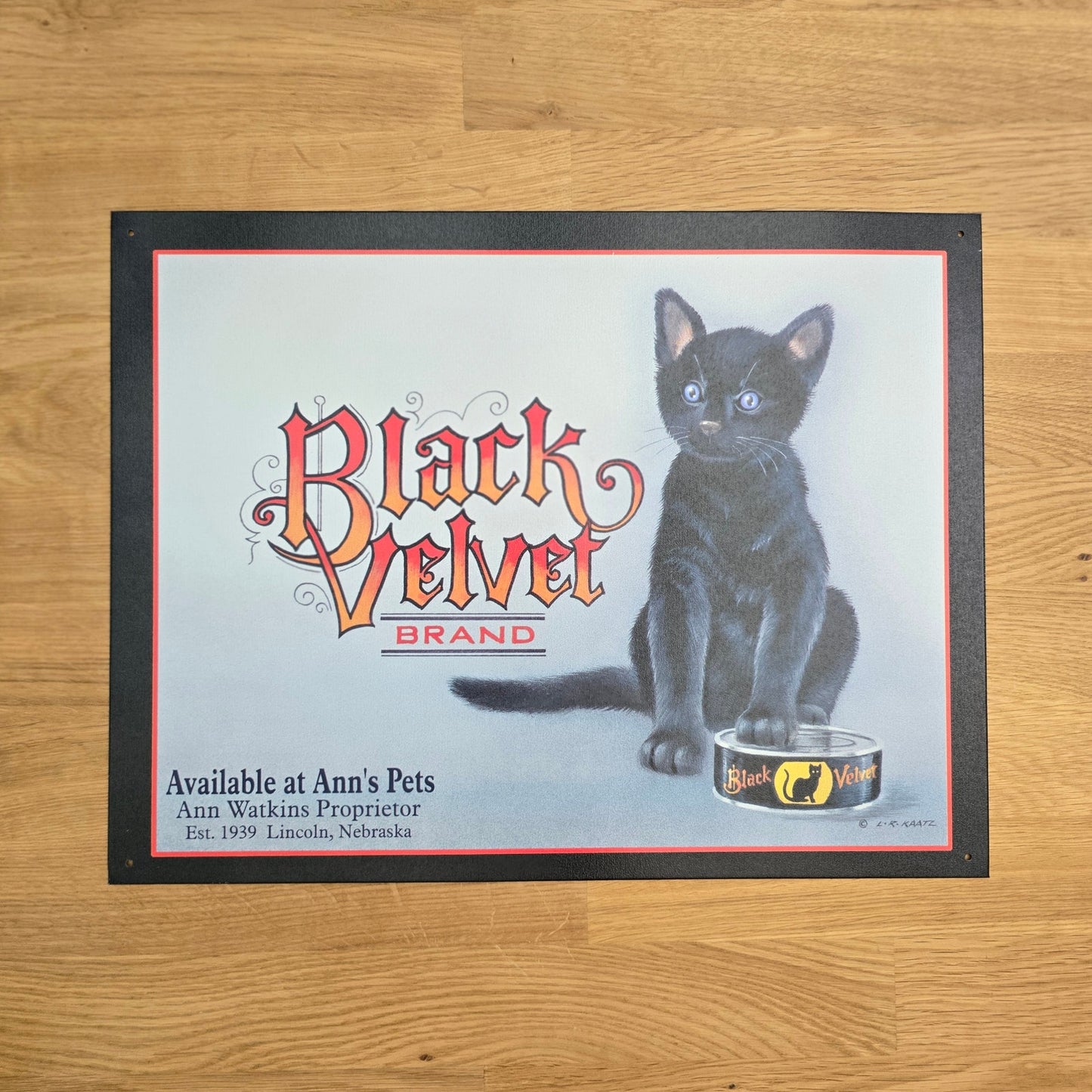 Vintage Black Velvet Brand Cat Food Metal Sign Advertisement 1998 Lynn Kaatz