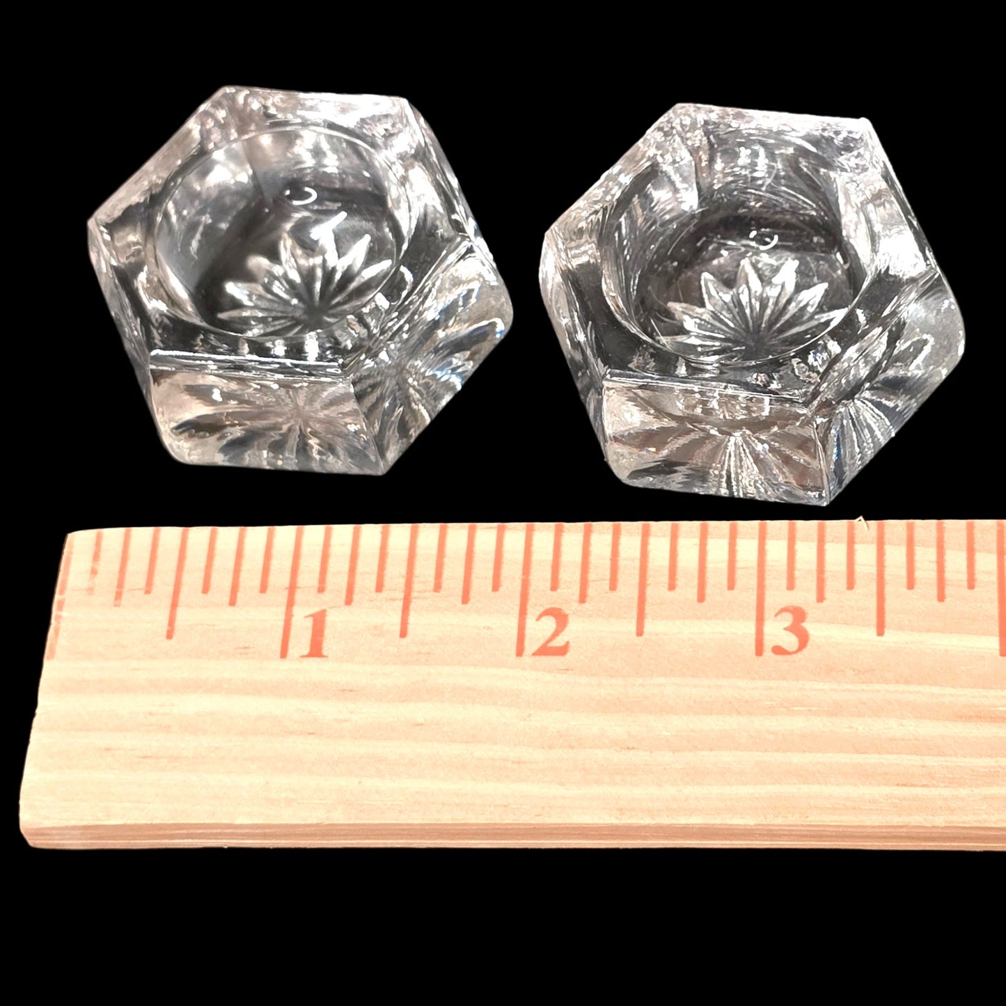Vintage Clear Glass Salt Cellars Hexagonal Glows Under UV Blacklight Uranium
