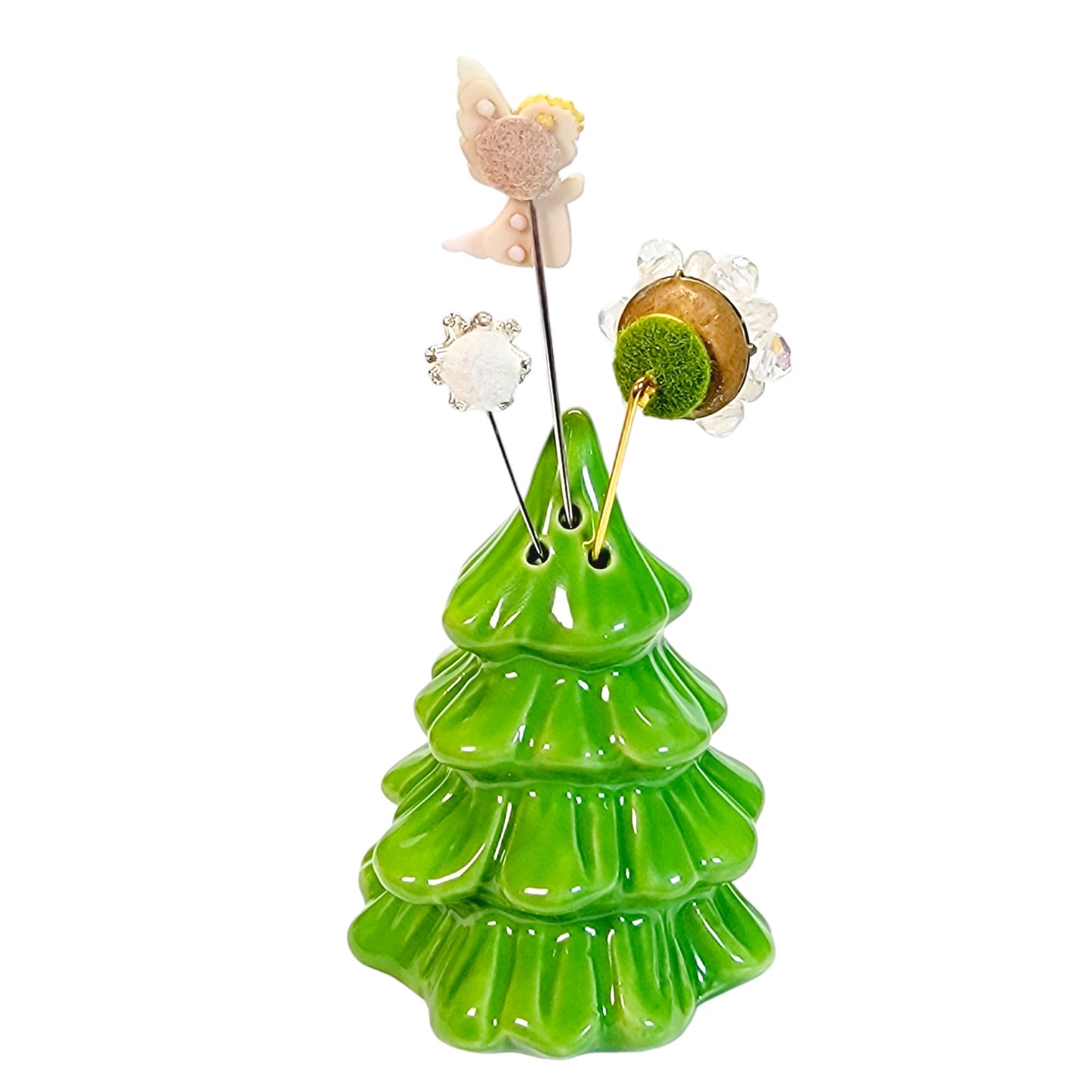 Christmas Tree Shaker Display with 3 Pins: Angel, Snowflake, Silver Bow