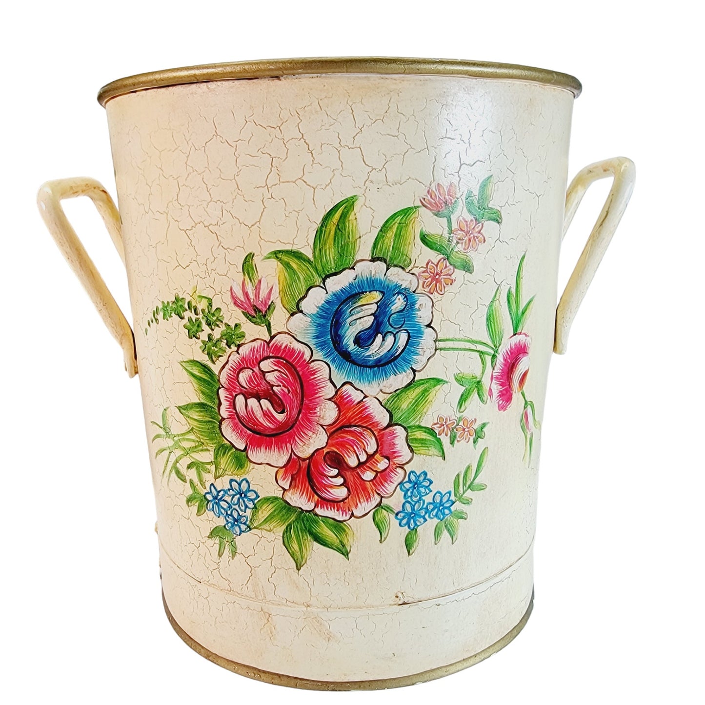 Vintage Anthropologie Floral Metal Waste Basket with Handles 8" H, Yellow with Red and Blue Flowers