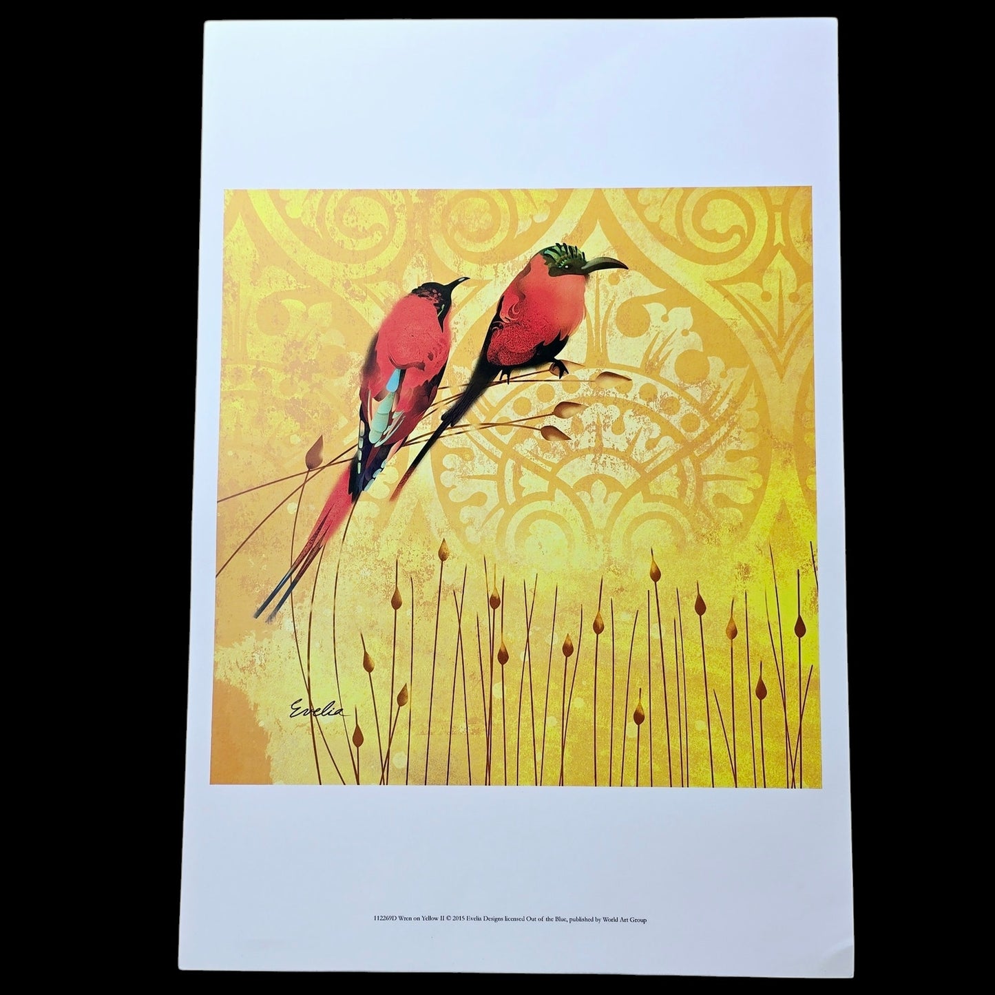 Set of 2 Wren Bird Art Prints: Wren on Yellow I and II, 2015 Evelia Designs, Licensed Out of the Blue, Published by World Art Group