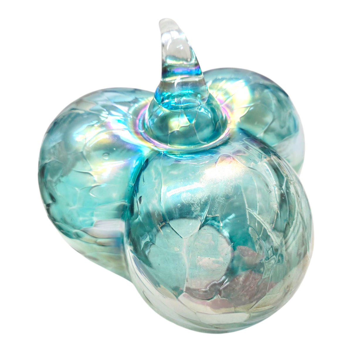 Iridescent Aqua Blue Art Glass Pumpkin White Swirl Sculptural Decor 8"