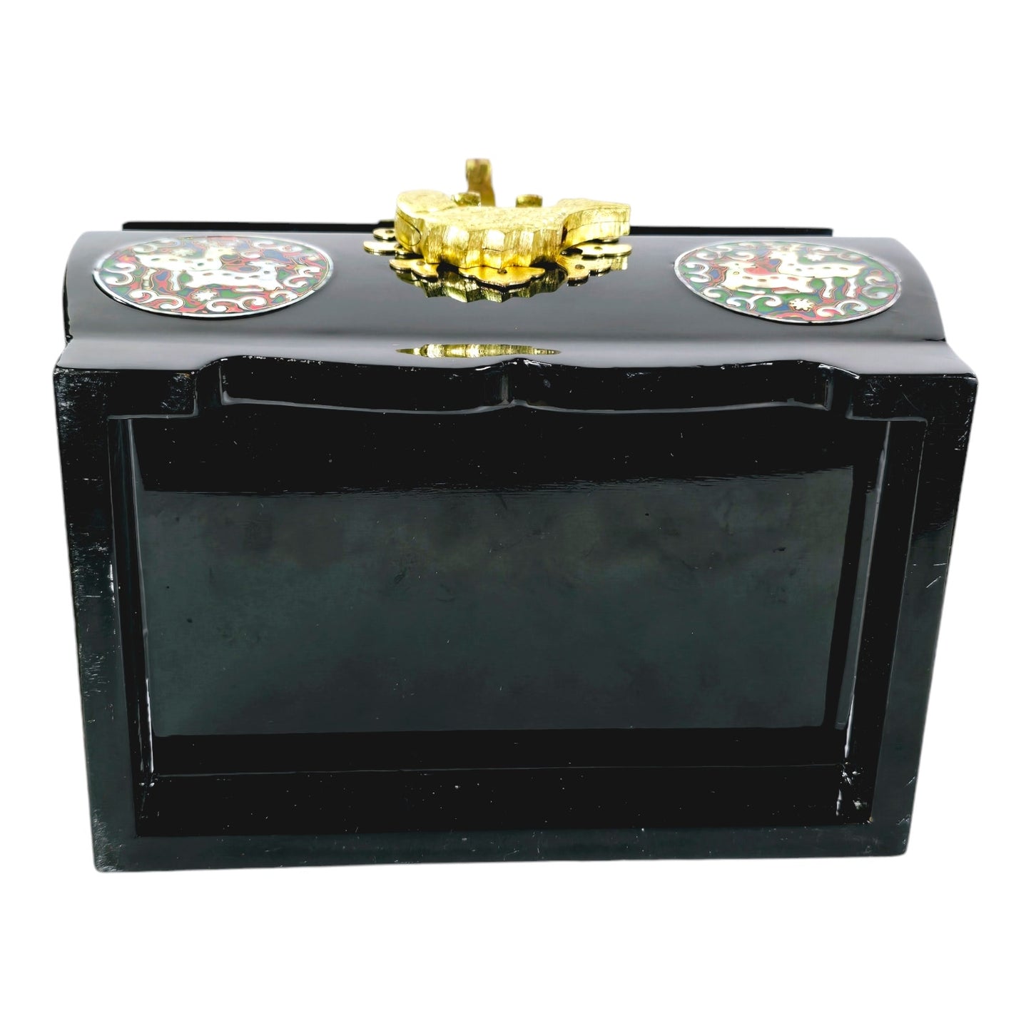 Asian Black Lacquer Mother of Pearl Inlay Jewelry Box, Deer Fawn, Mirrored, 7" W