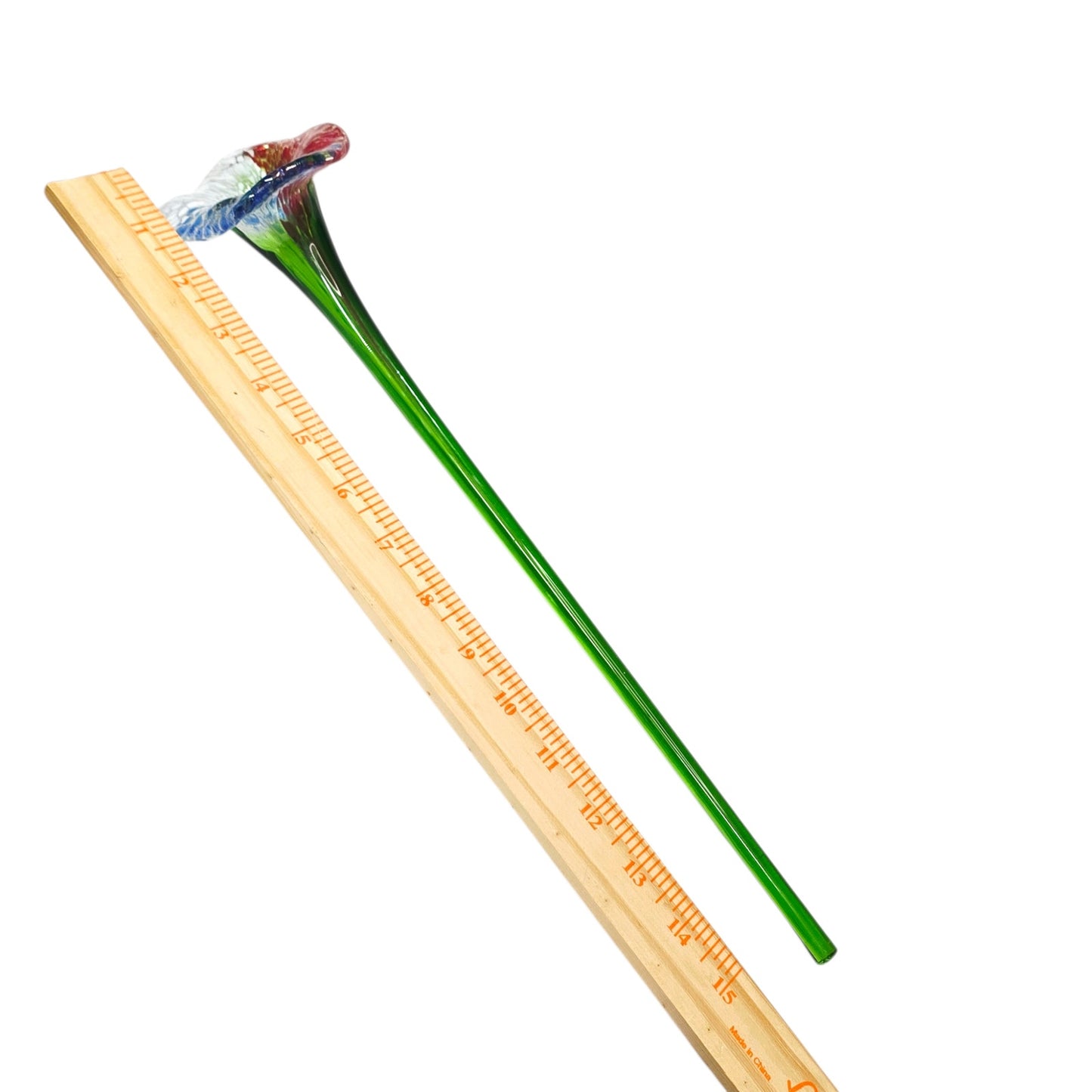 Vintage Hand Blown Art Glass Long Stem Flower 16" Red White Spatter Speckled