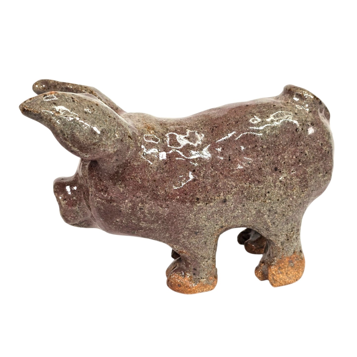 Vintage Studio Art Pottery Pig Figurine Signed BA Primitive Brown Glazed Clay