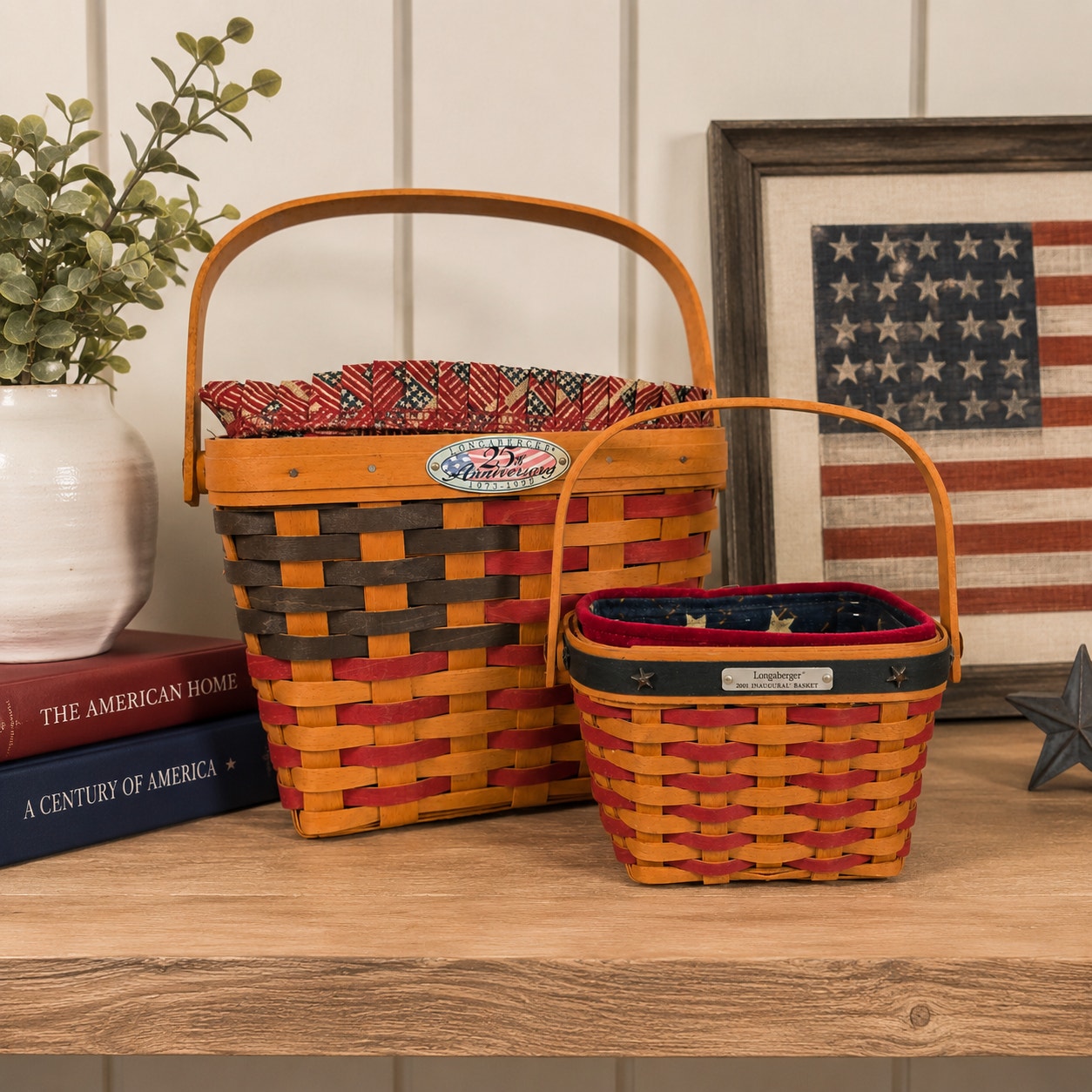 Pair Vintage Longaberger Patriotic Baskets 1998 Anniversary & 2001 Inaugural Set