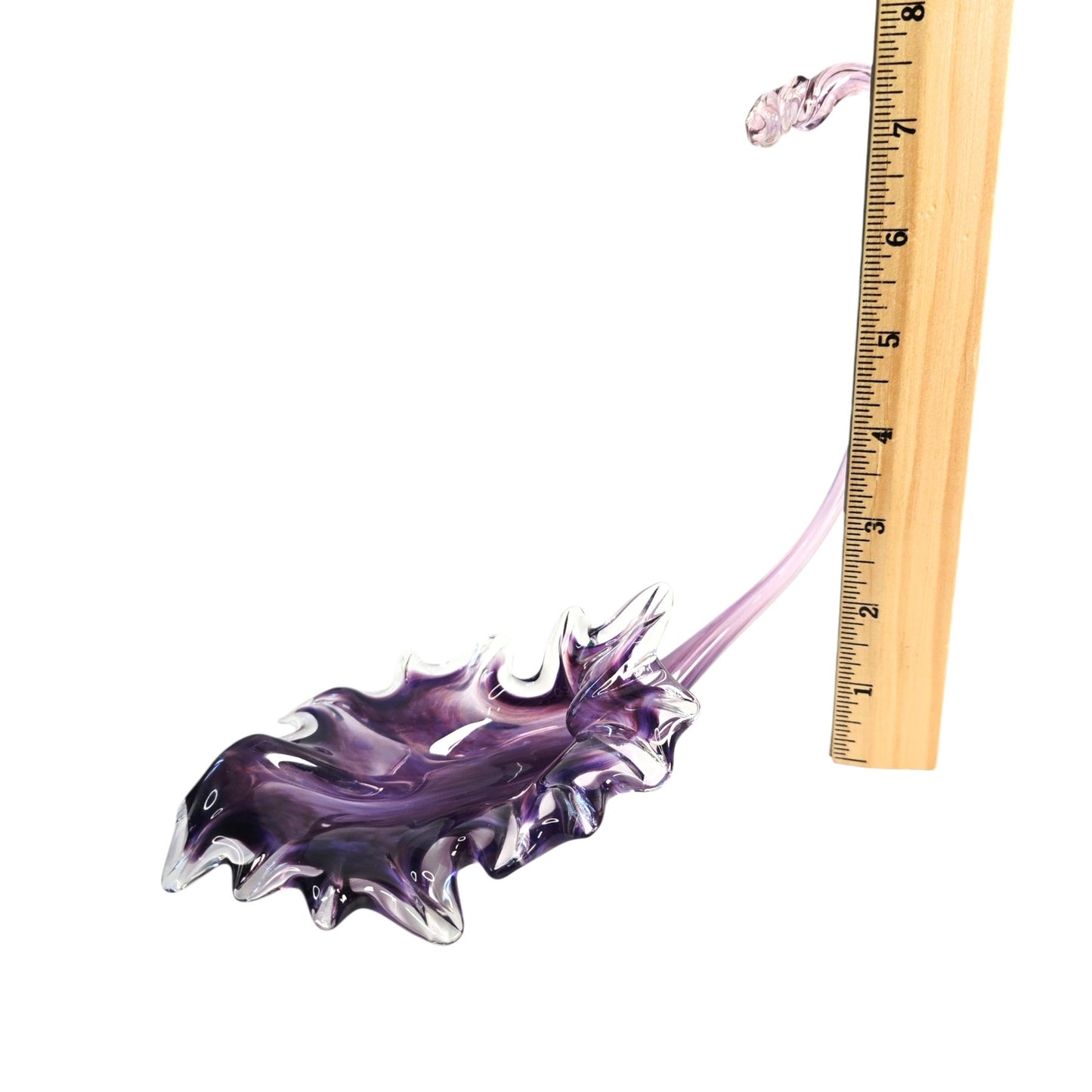 Hand-Blown Purple Trumpet Art Glass Flower Curved Up Stem, Blowing Leaf