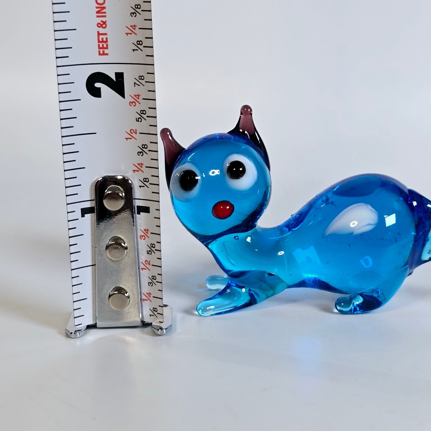 Handblown Blue Art Glass Cat, Laying Down, Blue Stretch Glass Cat