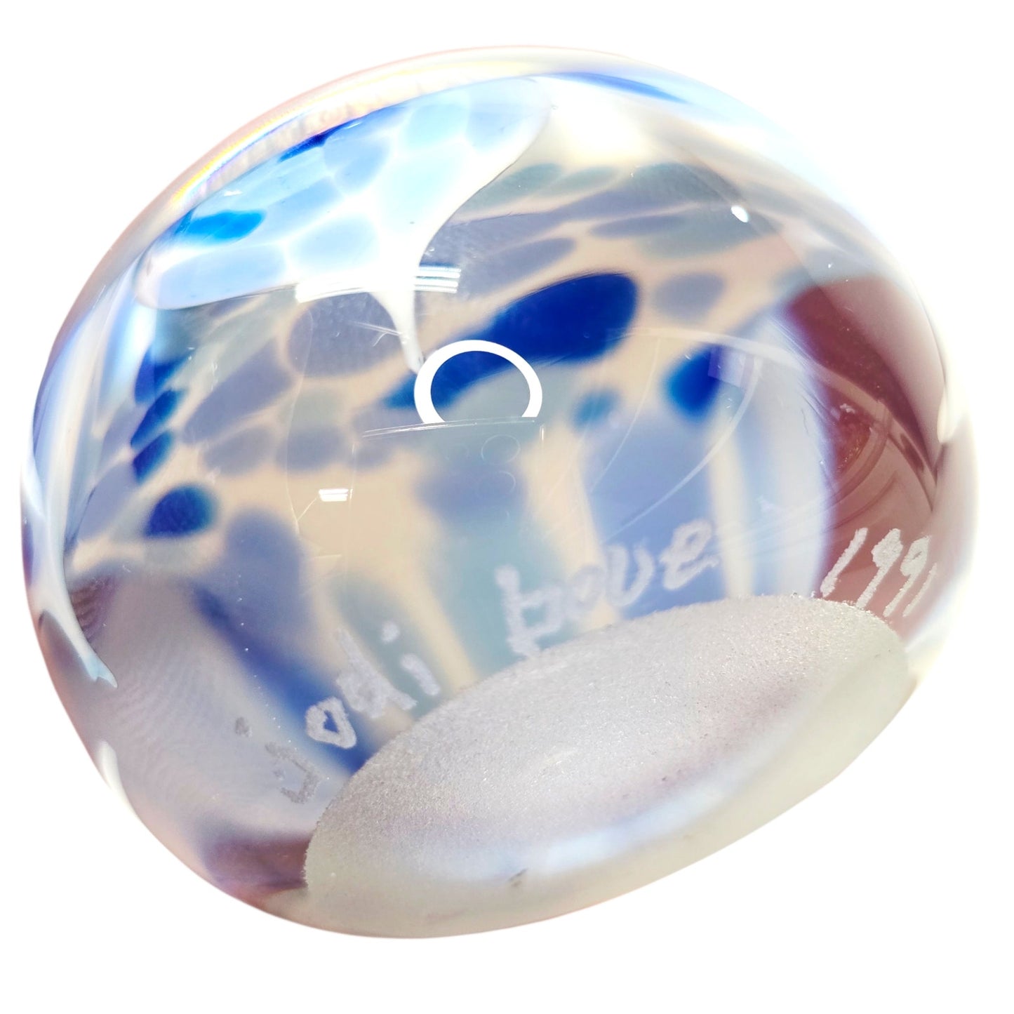 Signed Jodi Bove 1991 Art Glass Paperweight Blue White Floral Swirl Flower 2"