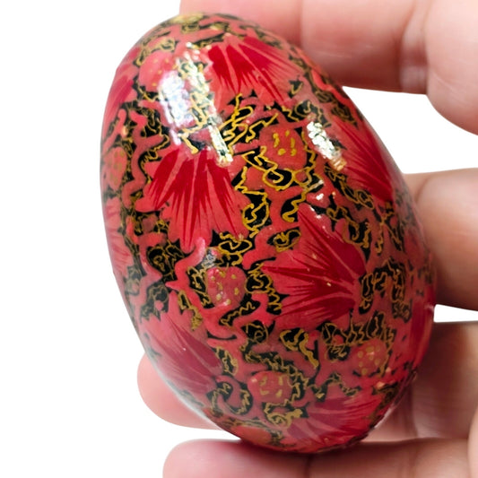 Vintage Kashmir India Hand Painted Wood Egg Floral Red Lacquer Folk Art Decor