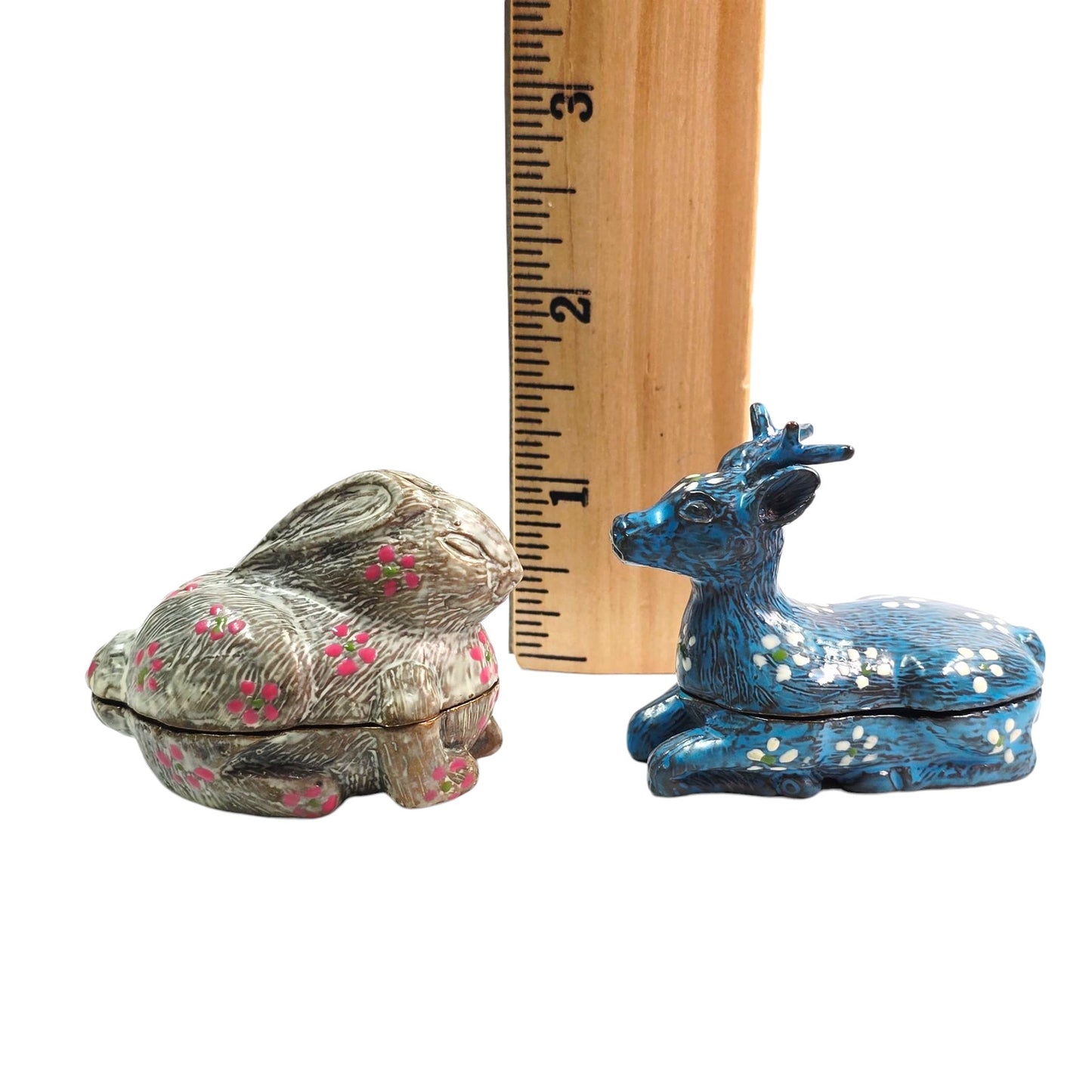 Set of 2 Cast Iron Trinket Boxes Handpainted Marked Thailand ILA Deer & Bunny🌸