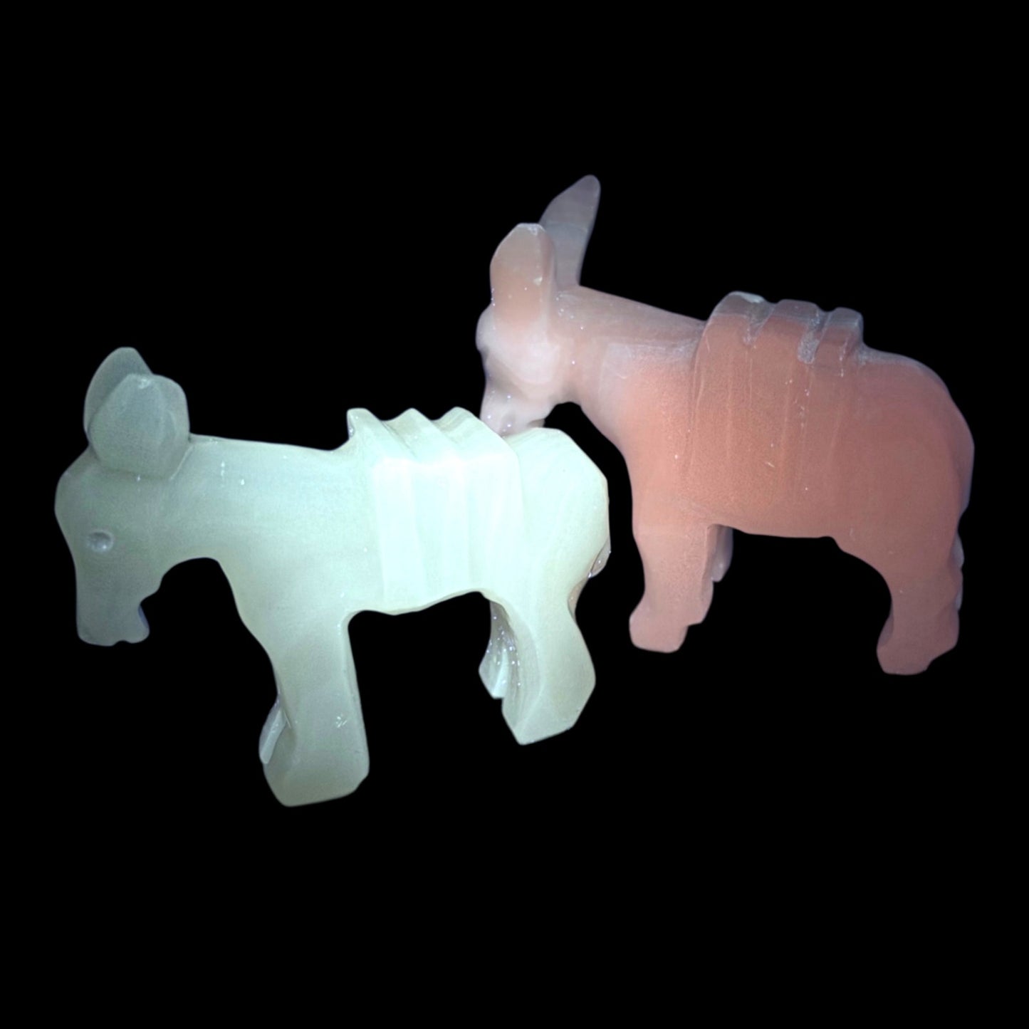 Vtg Carved Onyx Alabaster Donkey Figurines Pair UV Reactive Stone Nativity Piece