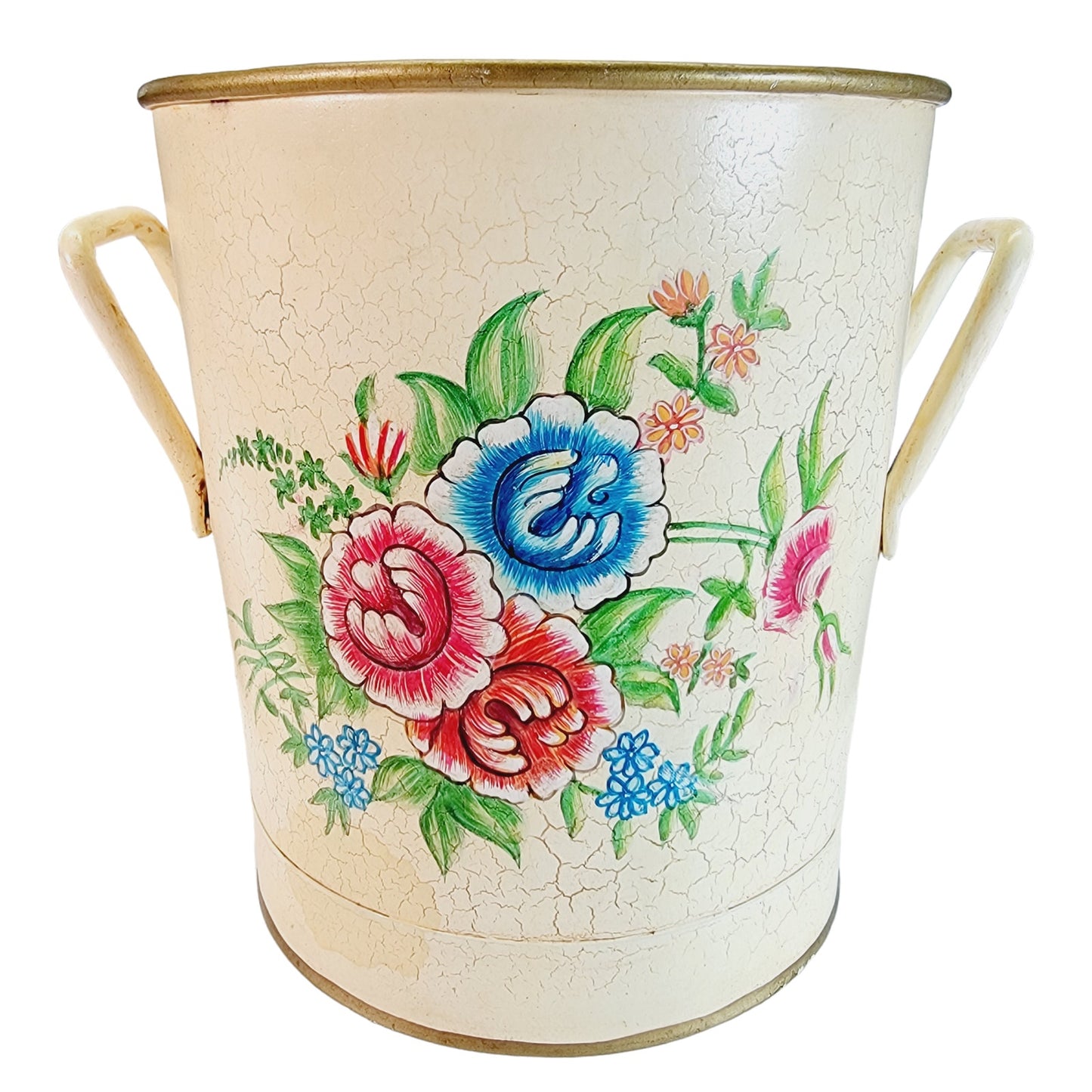 Vintage Anthropologie Floral Metal Waste Basket with Handles 8" H, Yellow with Red and Blue Flowers