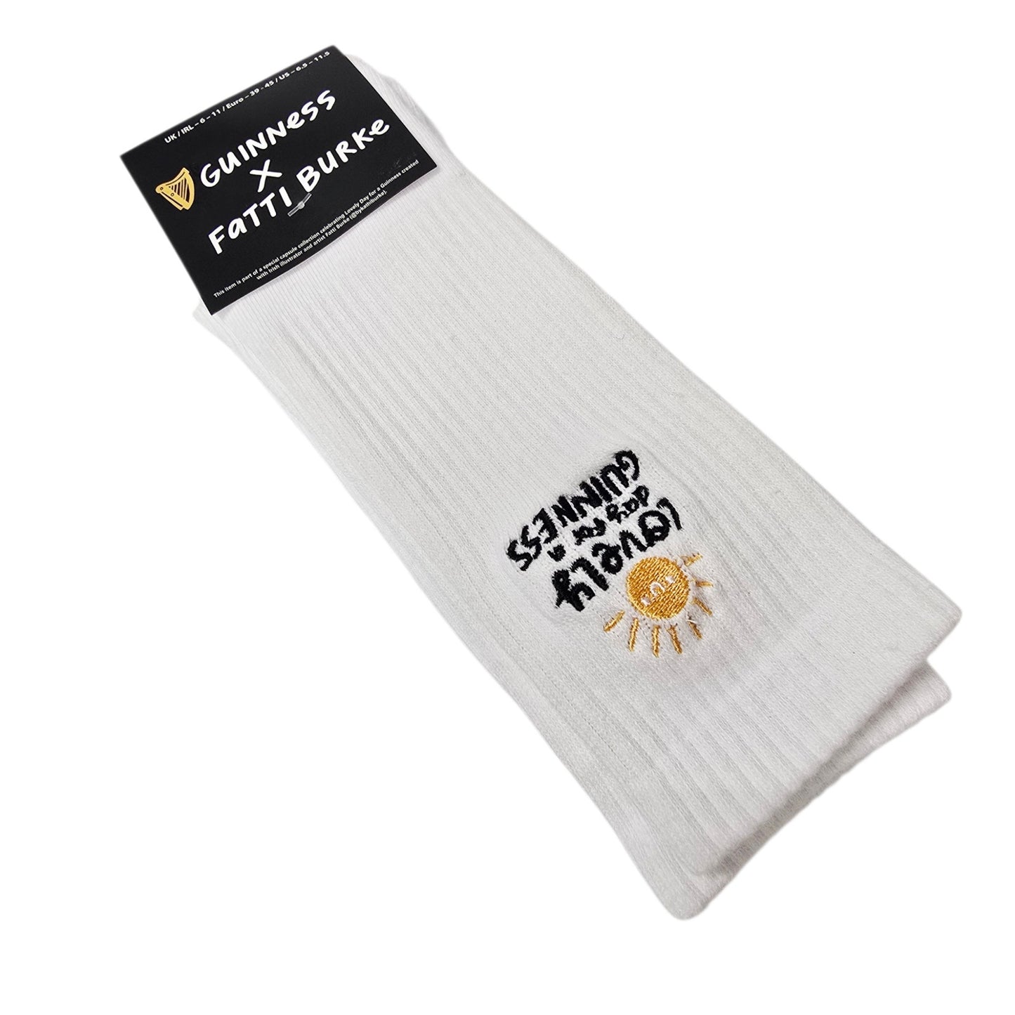 Guinness x Fatti Burke Socks New White Crew Socks Lovely Day For A Guinness NWT