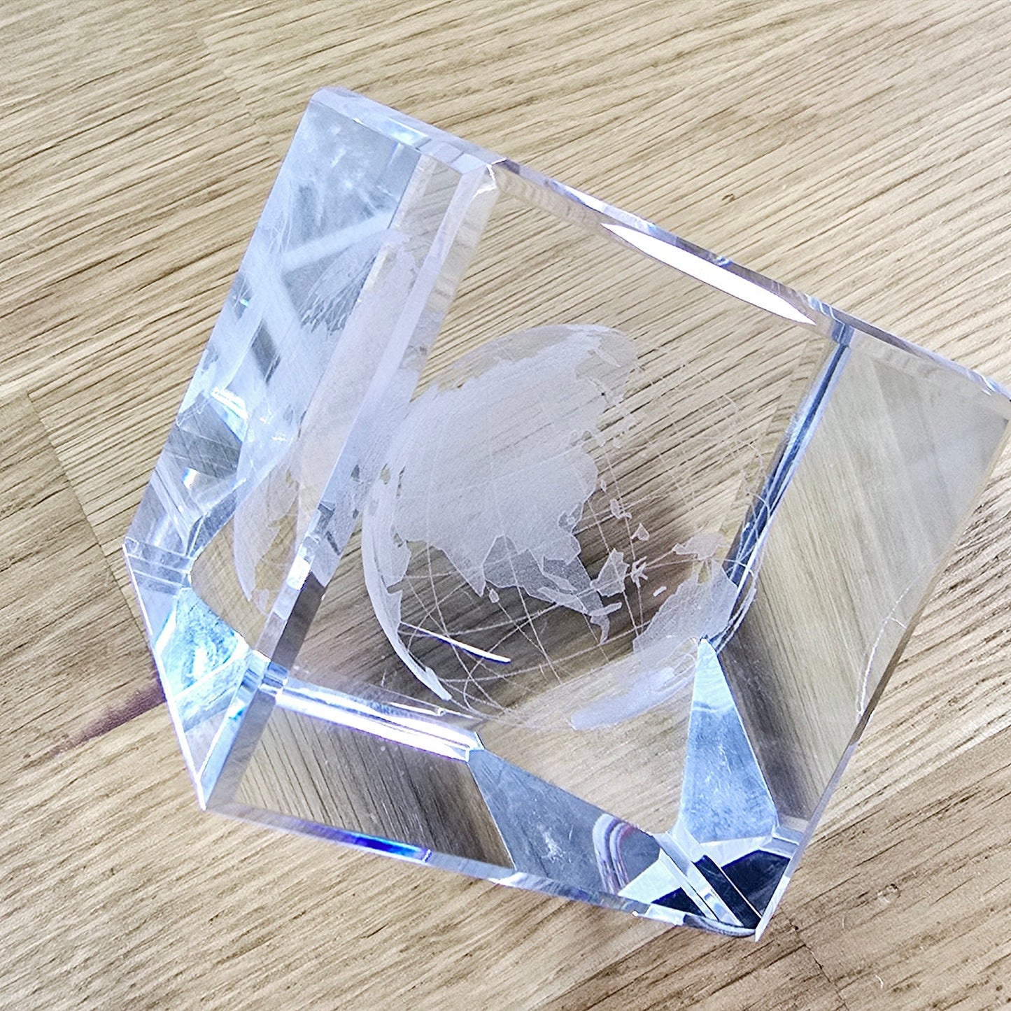 3D Laser Etched Globe Crystal Glass Cube Paperweight, Marked "Atlas"