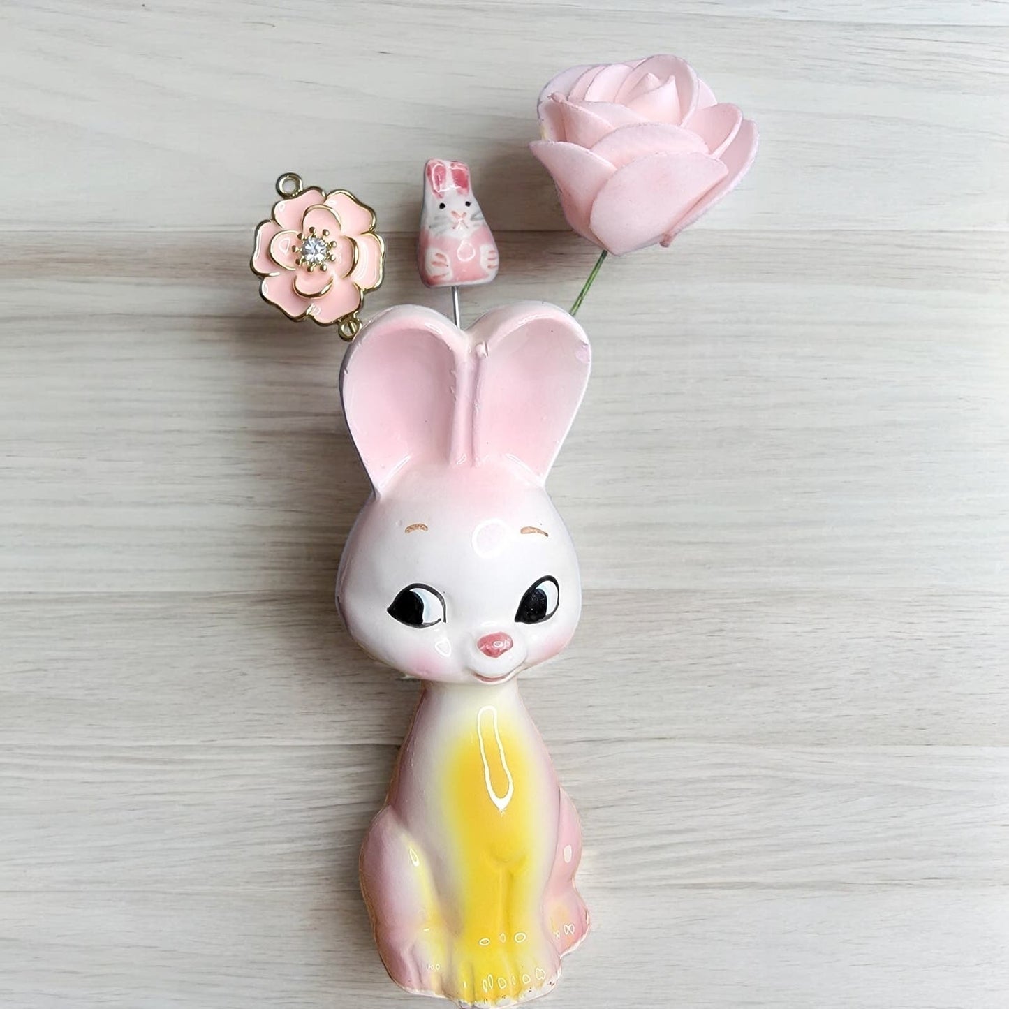 Vintage Bunny Shaker Pin Holder Display with 2 Handmade Stick Pins and Wire Flower Vtg Hatpin Holder, Vintage Bunny Salt Shaker Single, AS IS