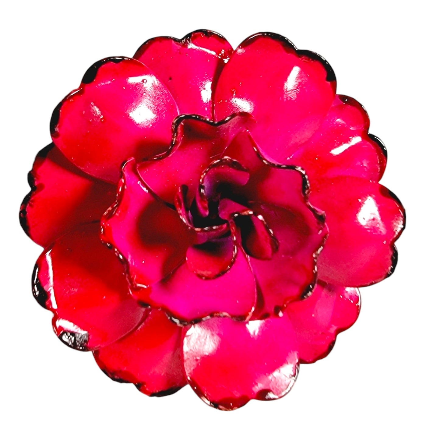 Vintage Red Rose Handpainted Metal Brooch with Slight Patina Underside 2.25" W