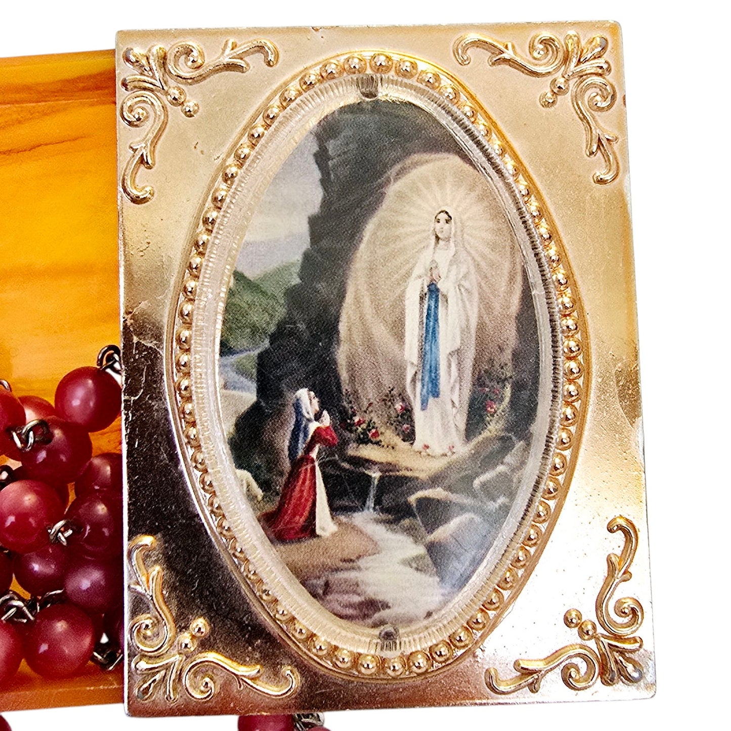 Vintage Notre Dame of Lourdes Plastic Rosary Box Drawer with Rosary