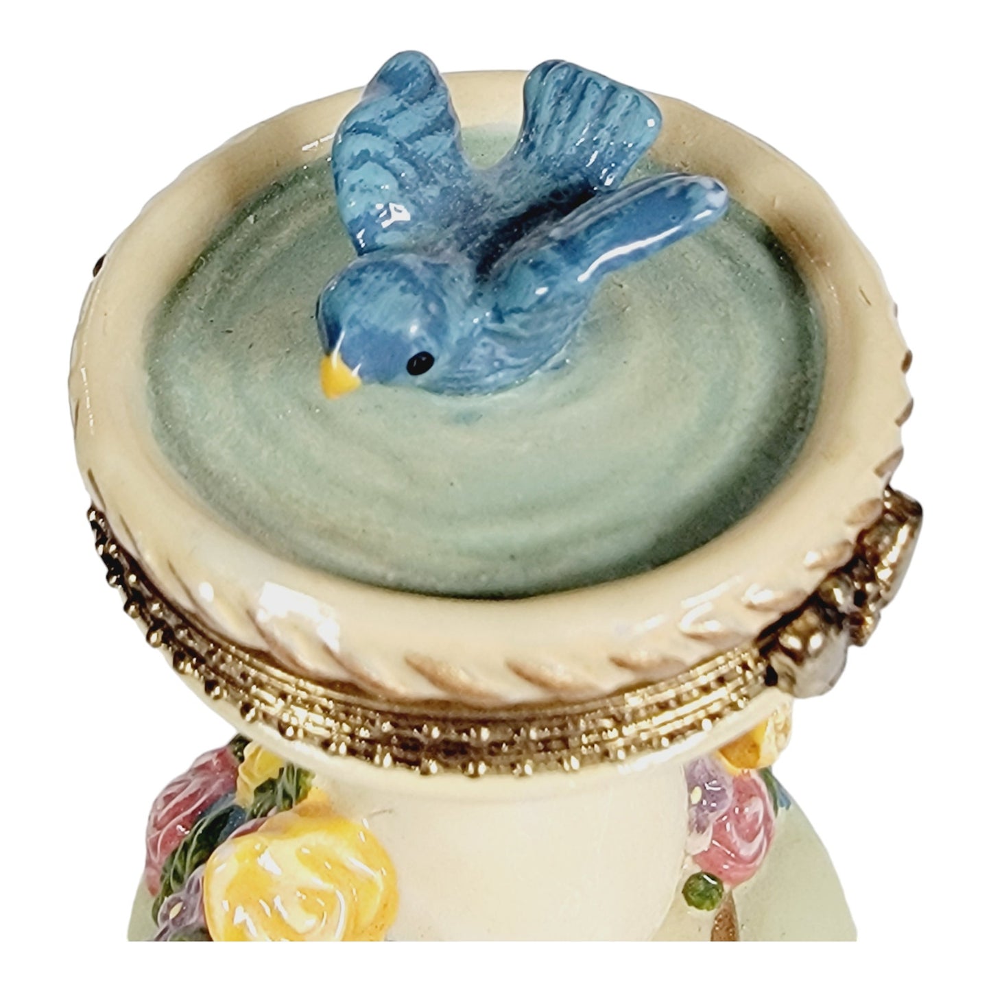 Vintage Bird Bath Trinket Box with Hinged Lid, Floral and Bluebird Design