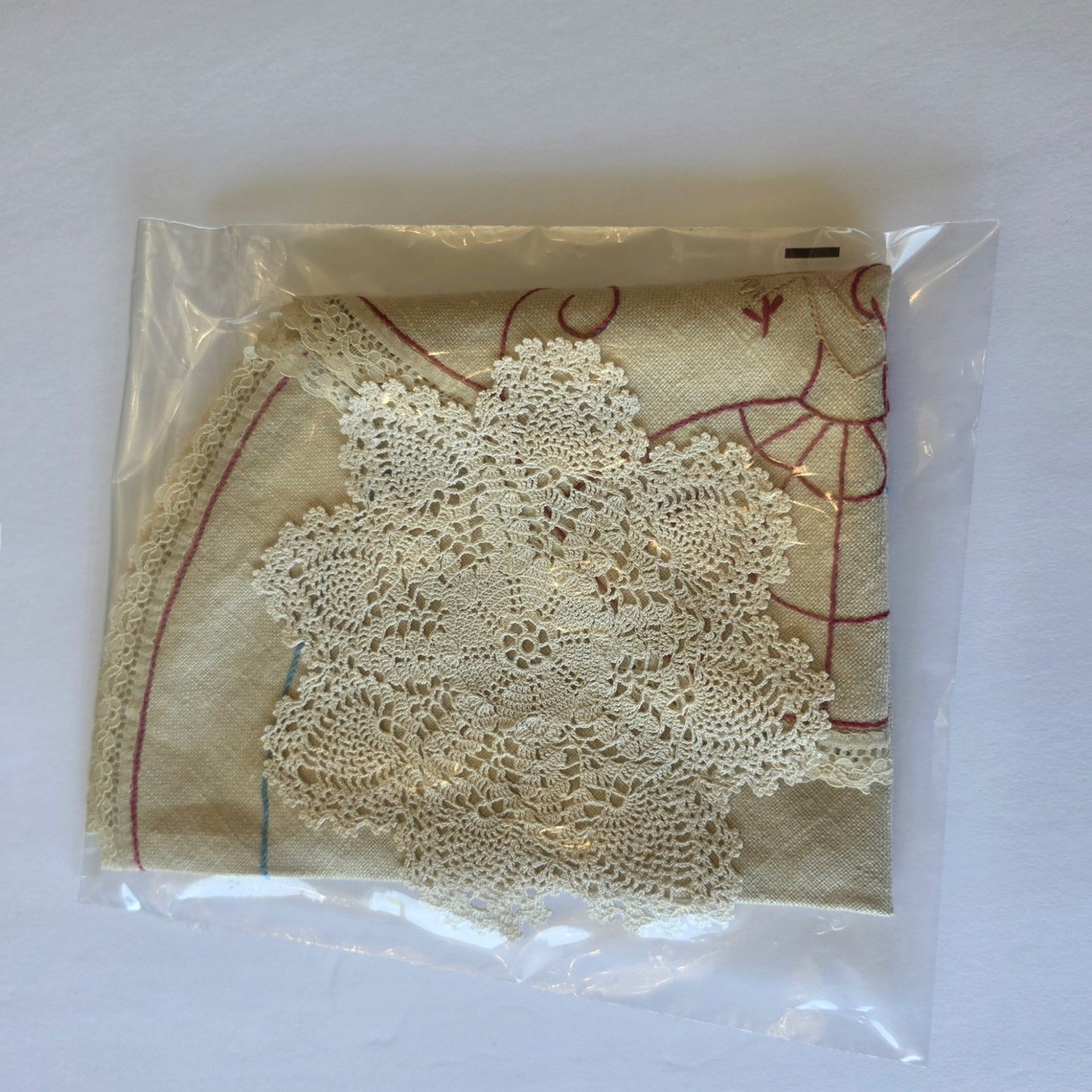 Vintage Crinoline Lady Embroidered Dresser Scarf & Crochet Doily Set Centerpiece