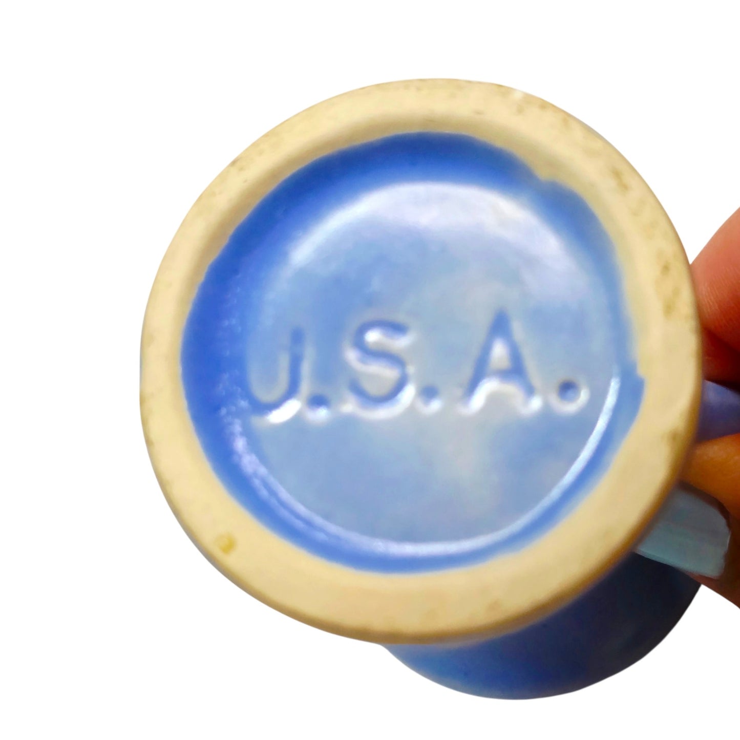 Vtg Miniature U.S.A. Pottery Periwinkle Blue Vase Double Handle Toothpick Match