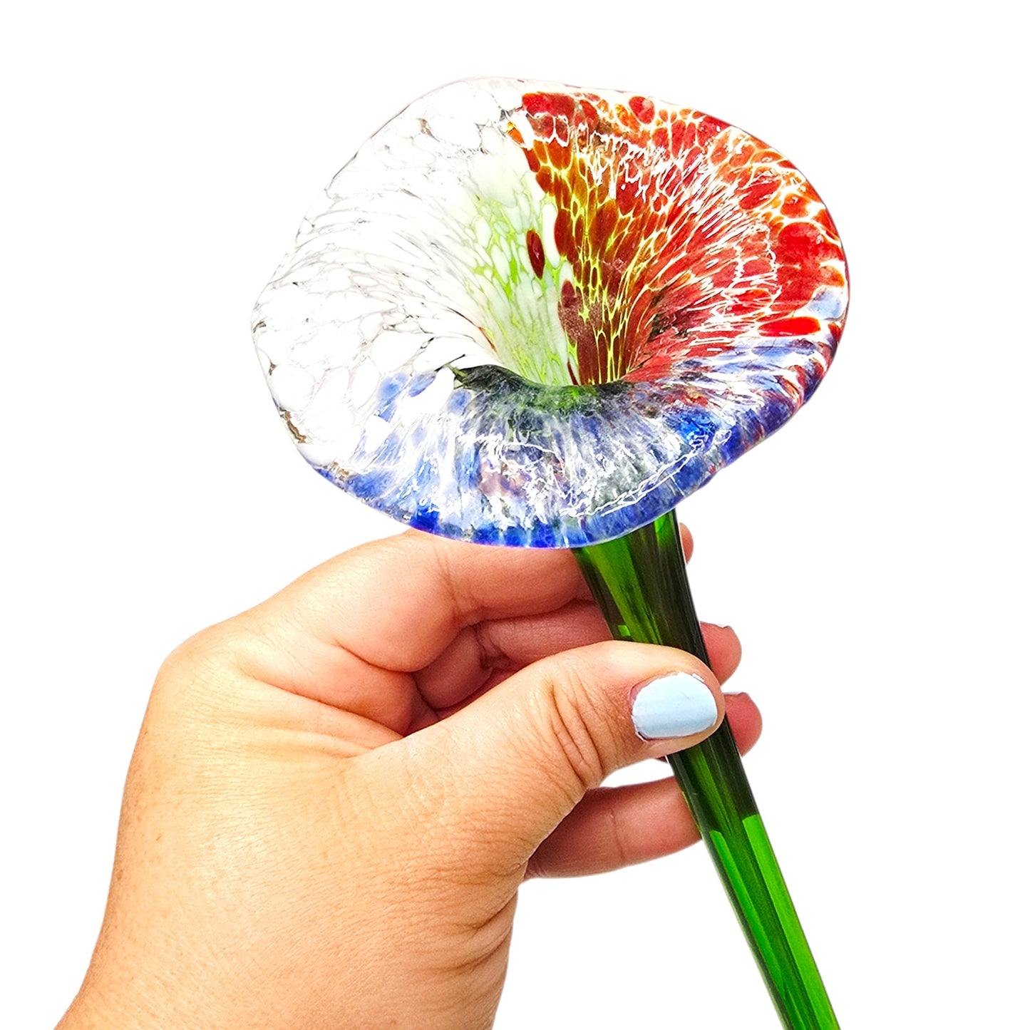 Vintage Hand Blown Art Glass Long Stem Flower 16" Red White Spatter Speckled