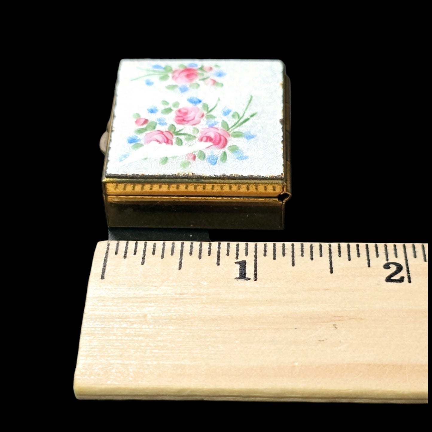 Vintage Pill Box Hand Painted Enamel over Brass with Guilloche Pattern