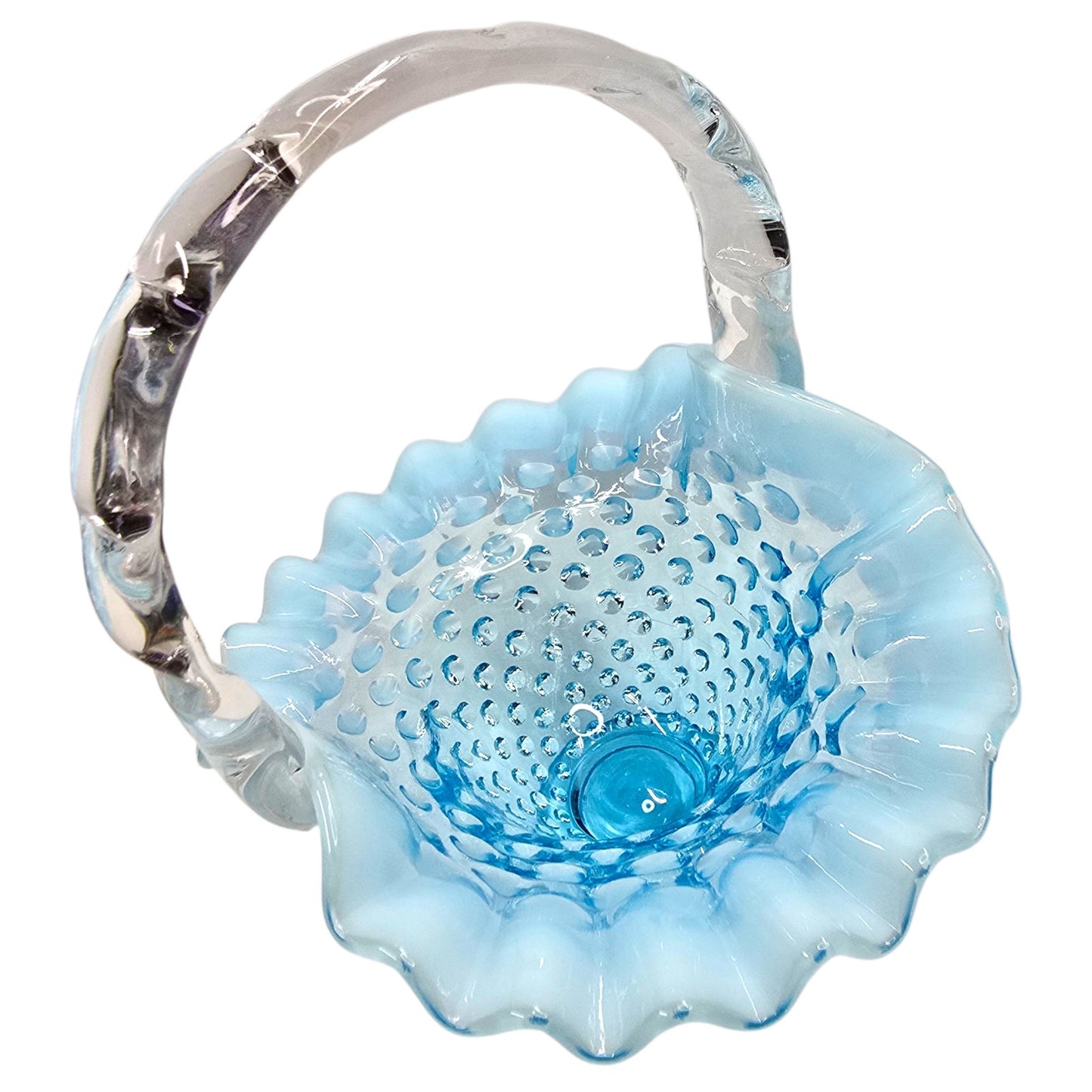 Fenton Blue Opalescent Hobnail Basket Set Uranium Reactive Ruffled Glass Pair