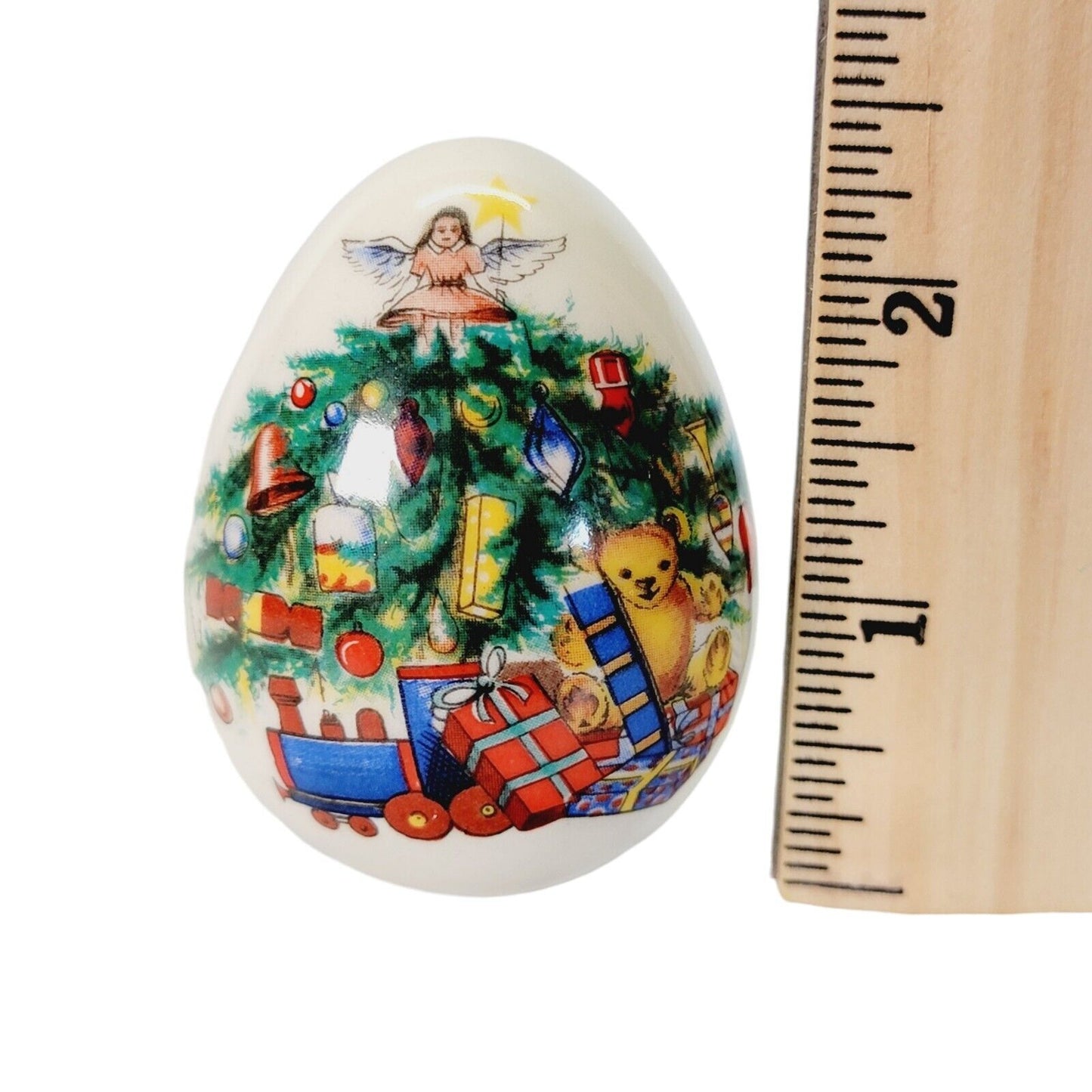 Ceramic Egg Figurine Christmas Tree with Angel , Train, Bear, Presents 2.5" H