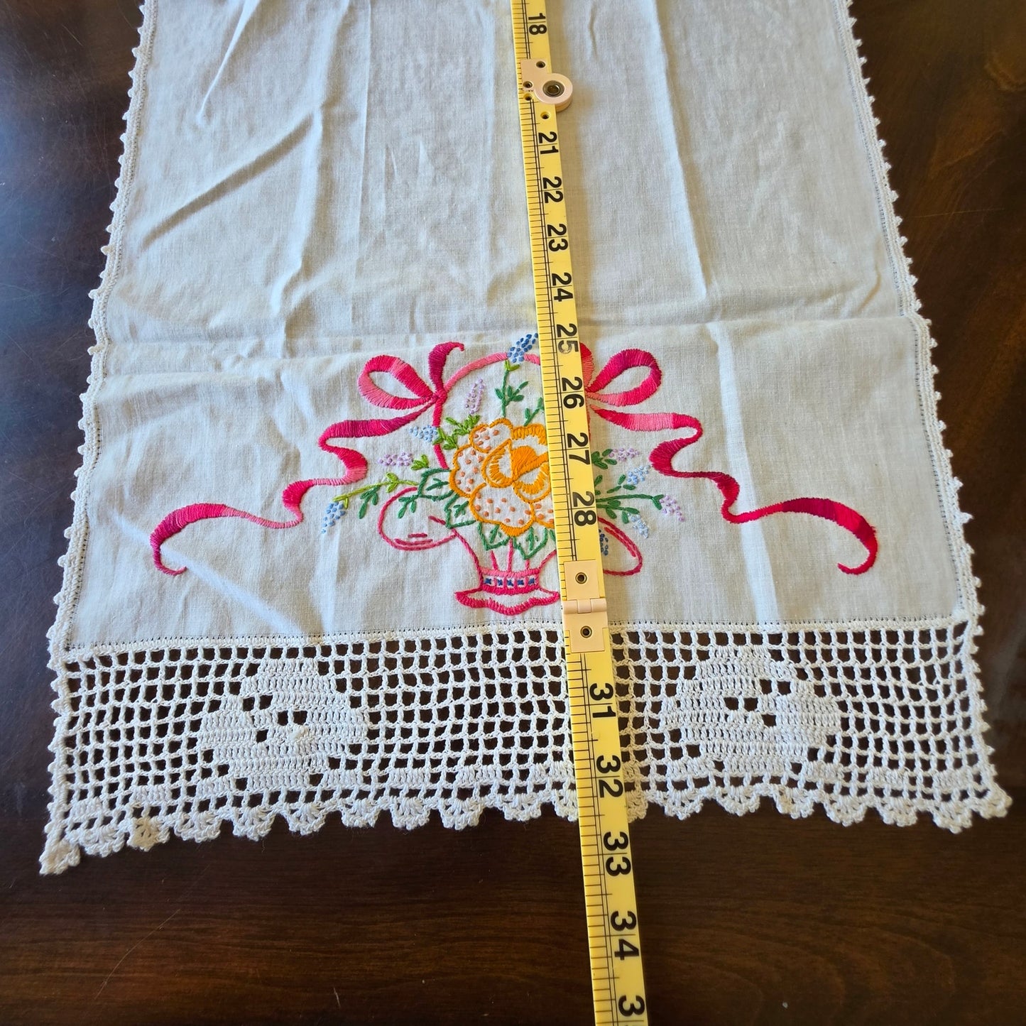 Vintage Floral Basket Embroidered Dresser Scarf Linen Runner Double Sided 32"