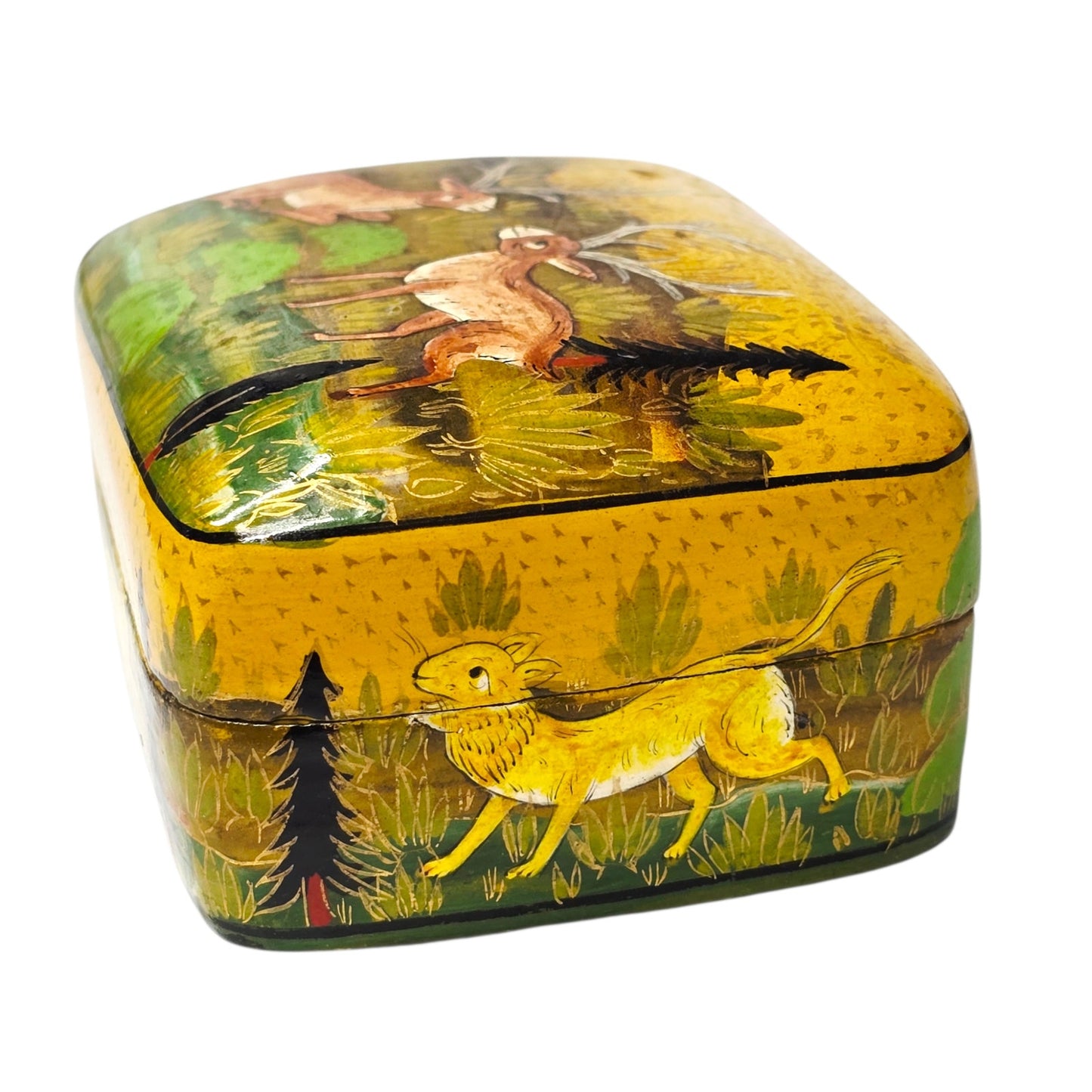 Vintage Kashmiri Hand-Painted Lacquerware Box - Stag & Doe Made in Kashmir India