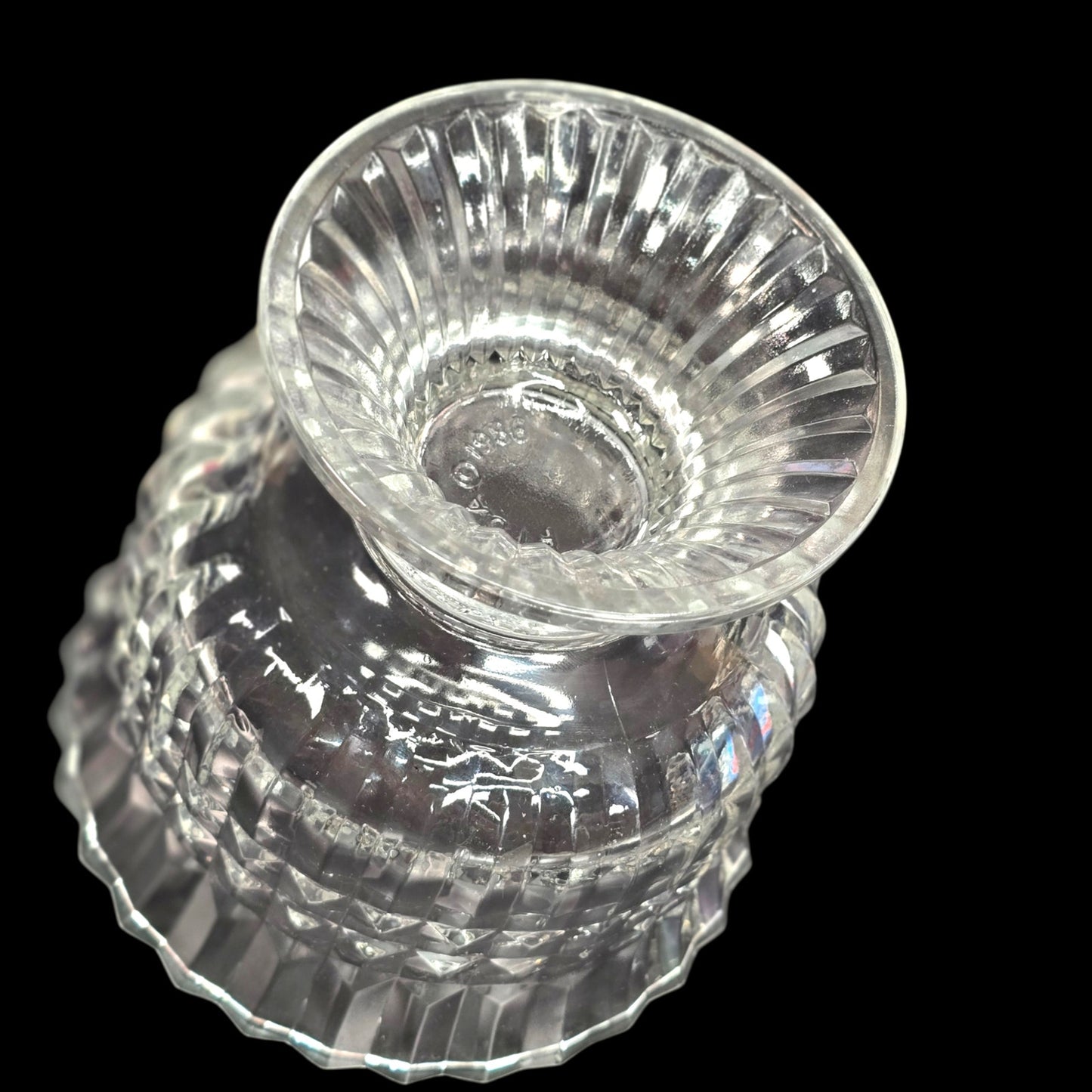 Vintage 1986 Pressed Glass Pedestal Bowl FTDA Diamond Cut & Ribbed Candy Dish