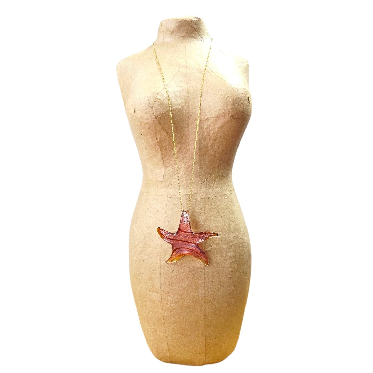 Murano Style Glass Starfish Pendant Necklace Gold Over 925 Sterling Italy Ocean