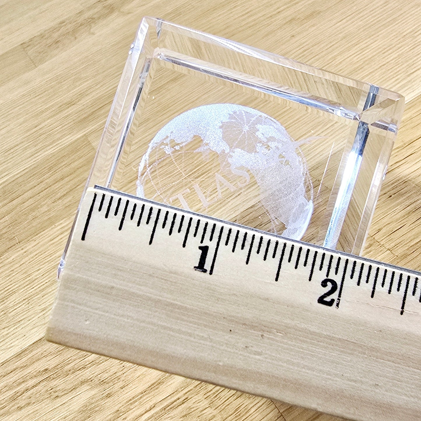 3D Laser Etched Globe Crystal Glass Cube Paperweight, Marked "Atlas"