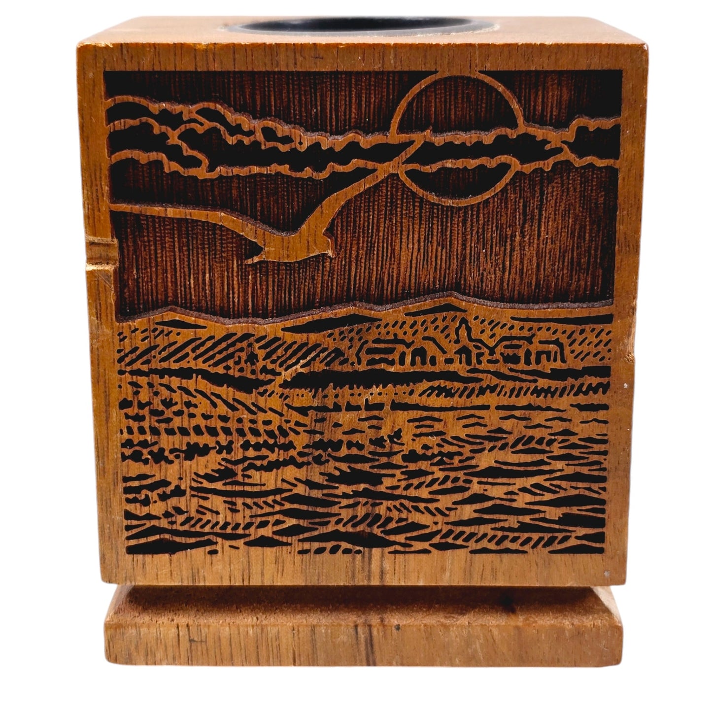 LaserCraft Hand-Carved Walnut Pencil Holder, Boat House Dock Scene, 2.5" H