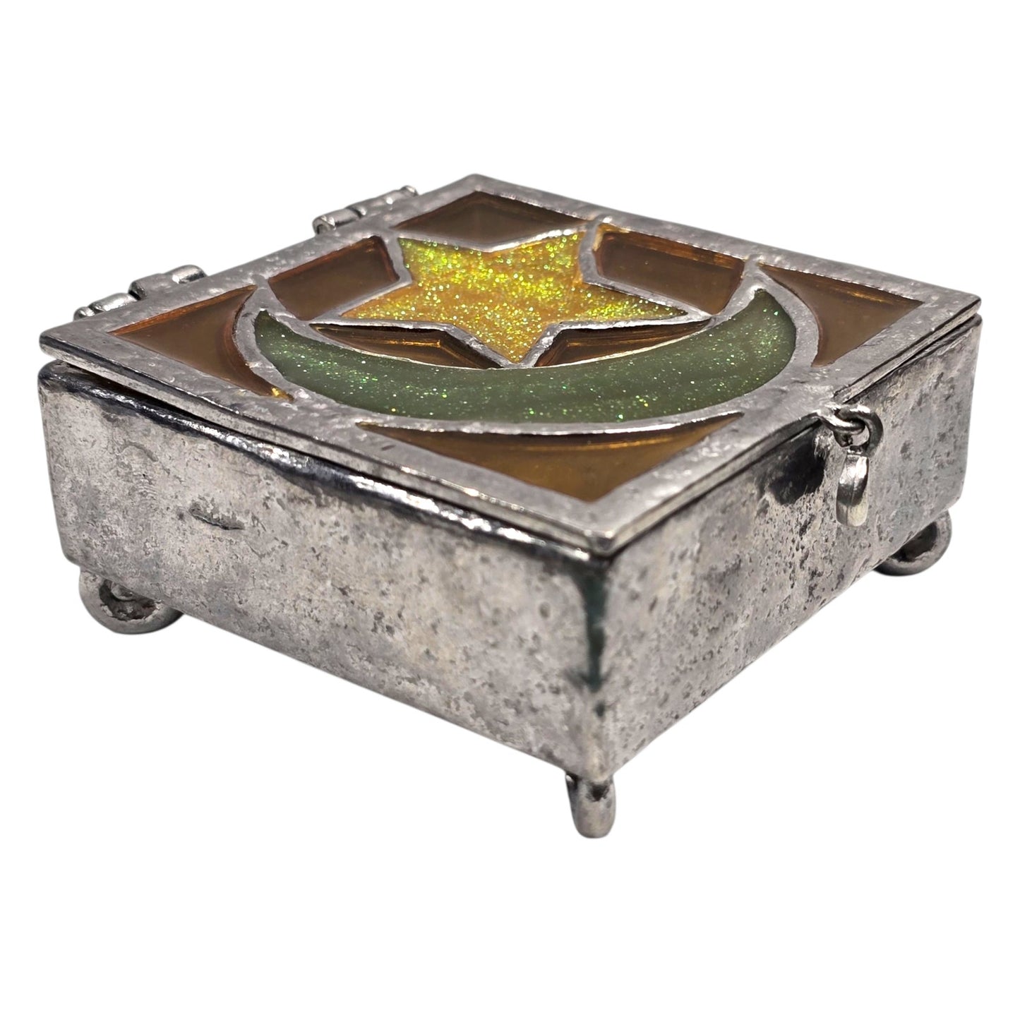 Vtg Stained Glass Moon Star Trinket Box Pewter Tone Soldered Metal Made USA