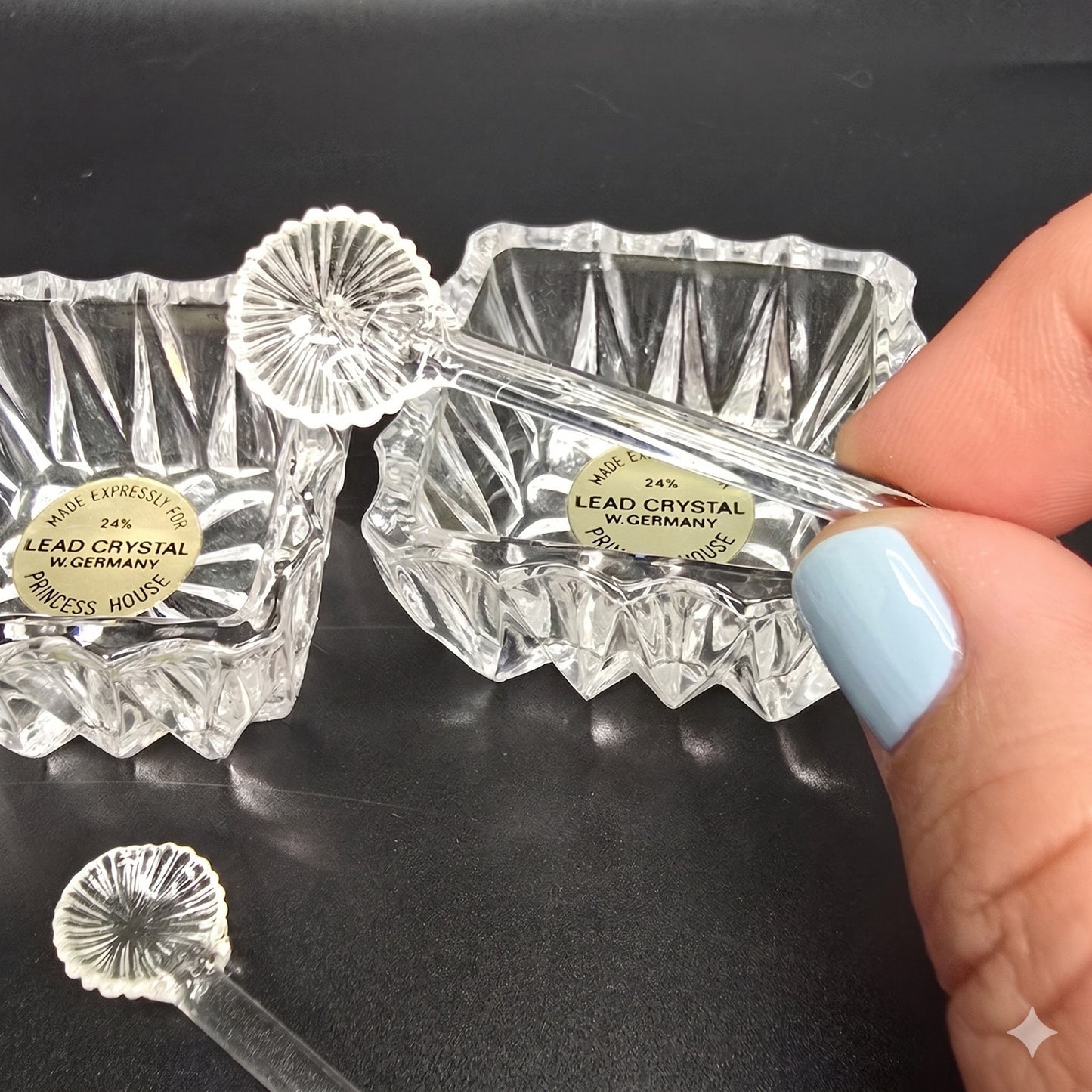 Vtg Princess House Crystal Salt Cellars & Tiny Glass Spoons W. Germany 24% Lead