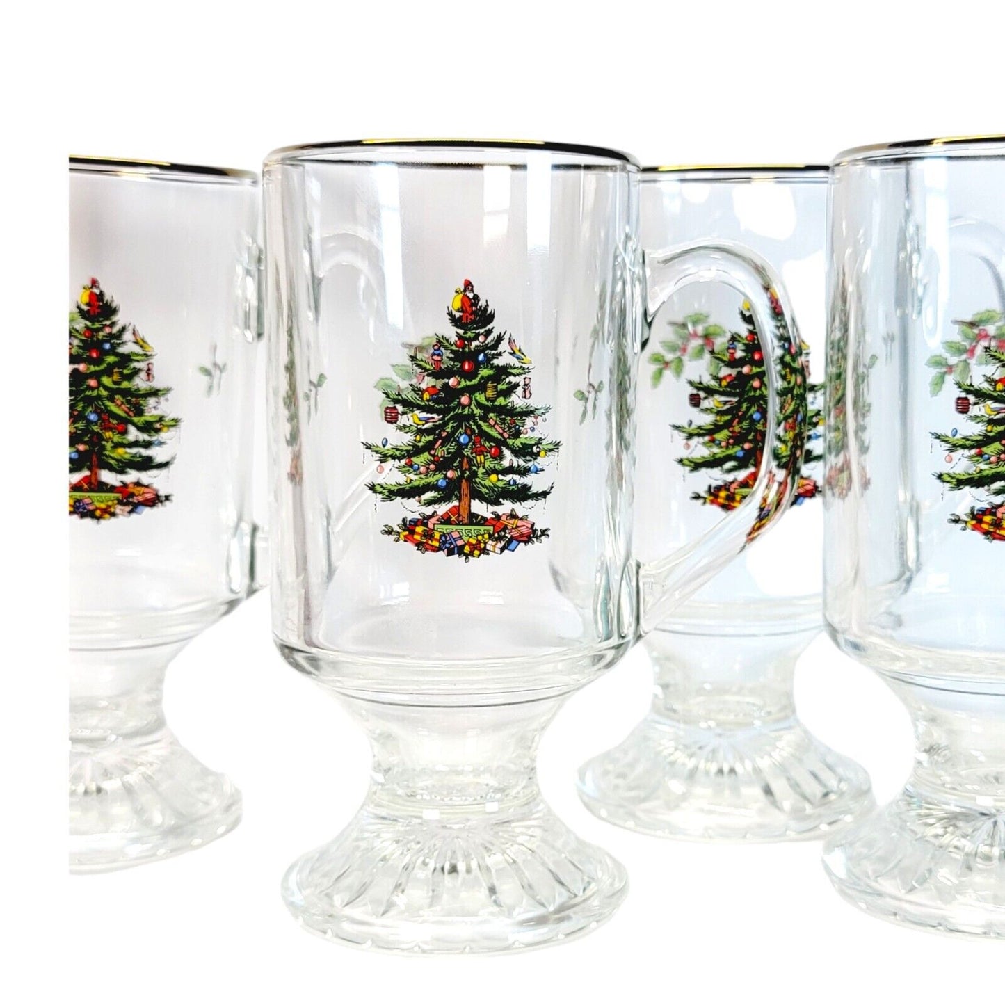 Set of 4 Vintage Spode Christmas Tree Mugs, Spode Irish Coffee Mugs, Gold Rim