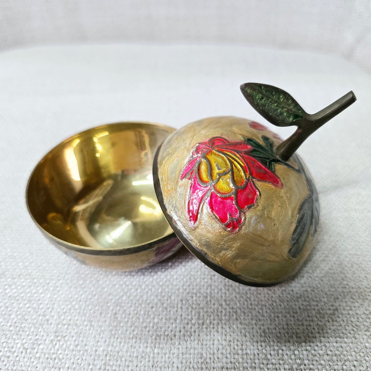 Beautiful Vintage Cloisonne Enamel and Brass Apple Trinket Box with Lid