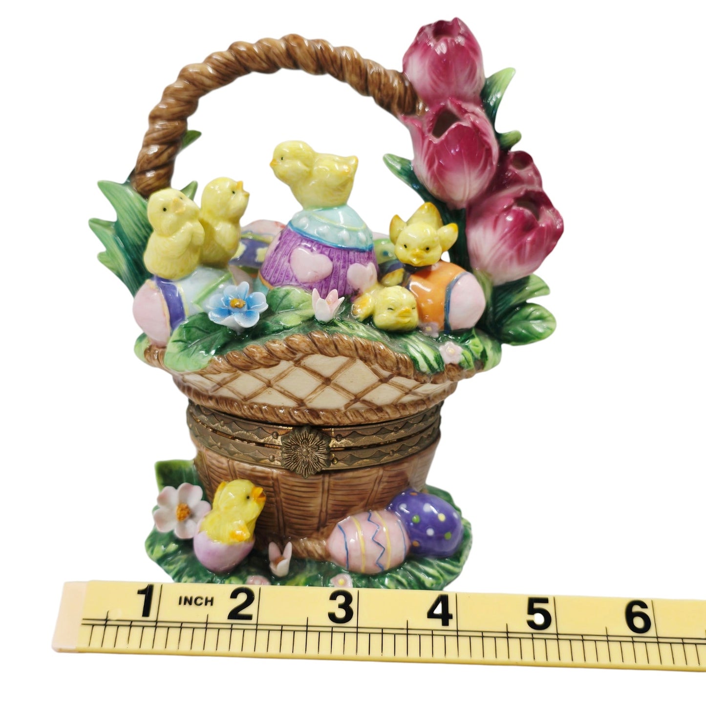 Large Hinged Ceramic Easter Basket Trinket Box Floral Chicks & Eggs Spring Decor
