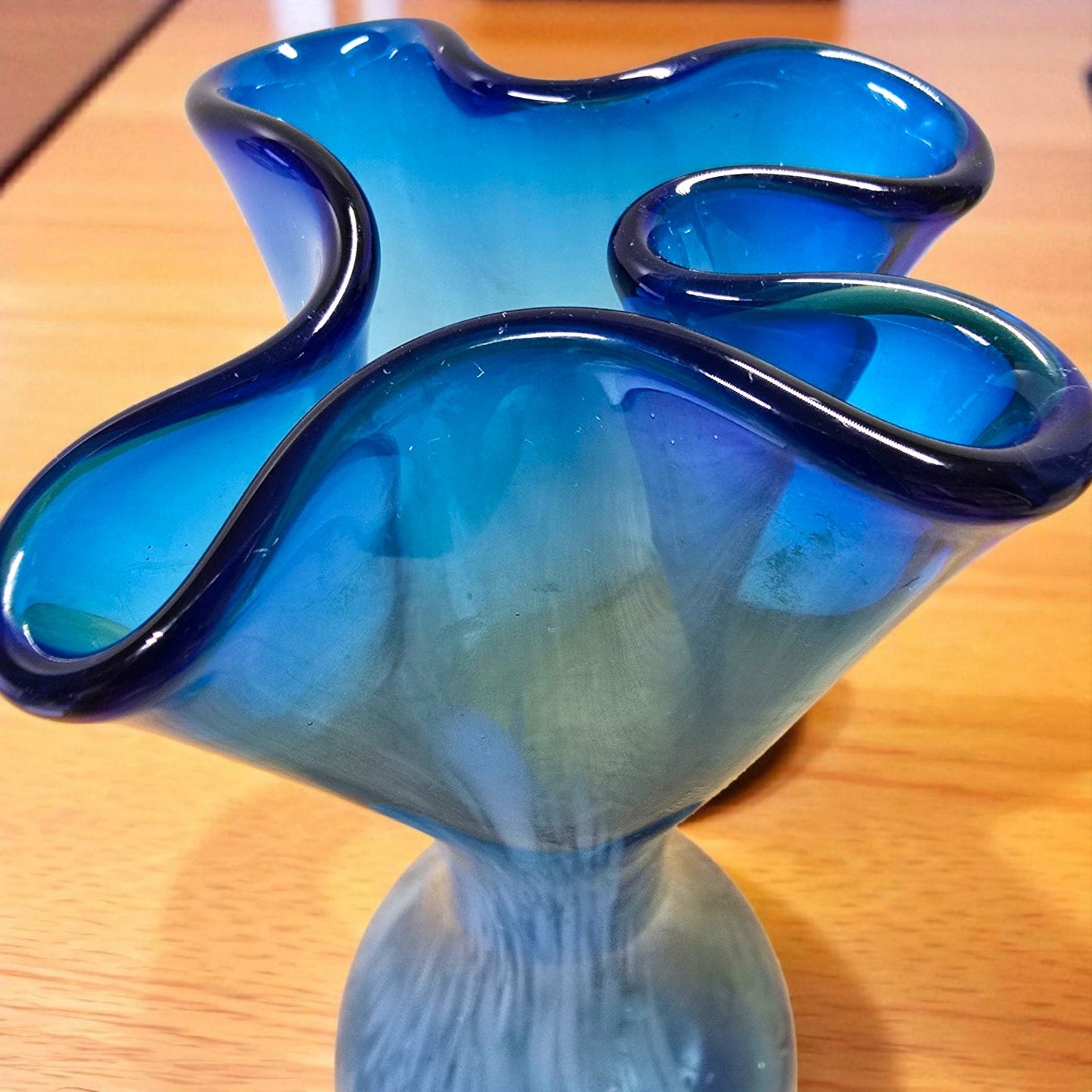 Vintage Blue Hand Blown Art Glass Vase 7" Tall Ruffled Rim Swirl Pattern