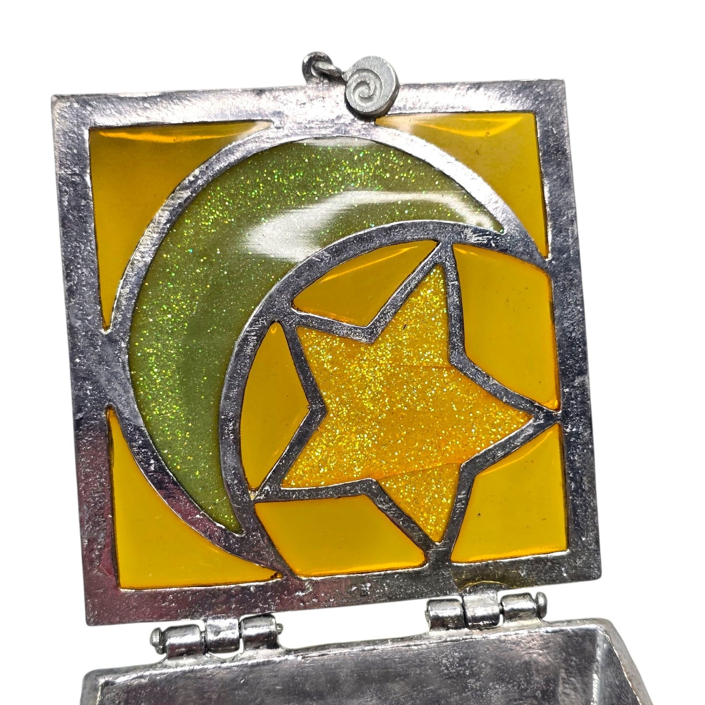 Vtg Stained Glass Moon Star Trinket Box Pewter Tone Soldered Metal Made USA