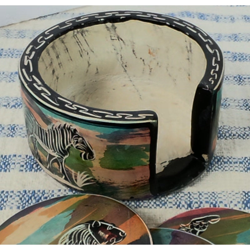 Vintage Serengeti Sunset Soapstone Coasters African Wildlife Holder Set