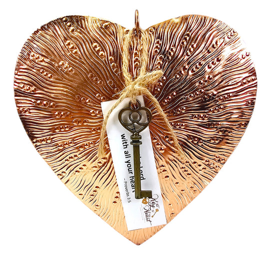 Pressed Copper Puffy Heart with Key Hanging Decor, 5.75" H x 5.75" W