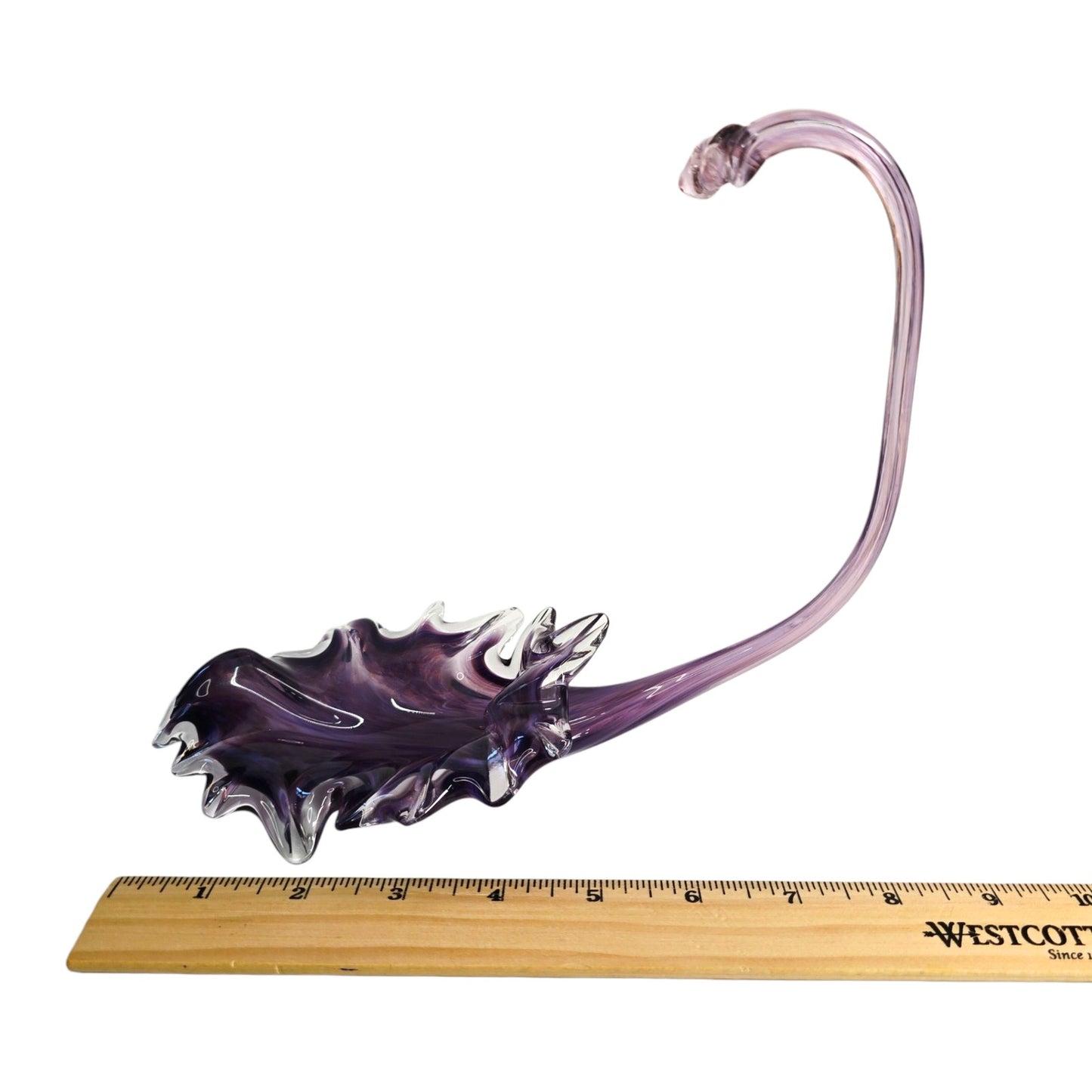 Hand-Blown Purple Trumpet Art Glass Flower Curved Up Stem, Blowing Leaf