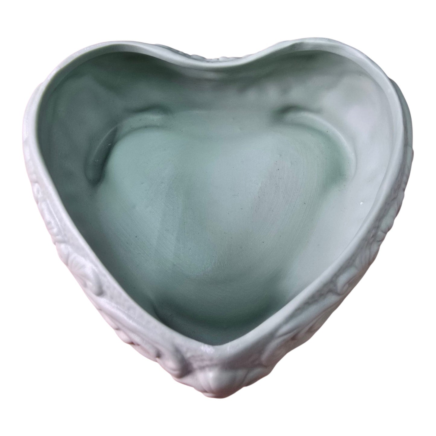 (Reserved for Customer) Large Vintage Jasperware Green Heart Shaped Dresser Box, Cameo & Floral Ribbon