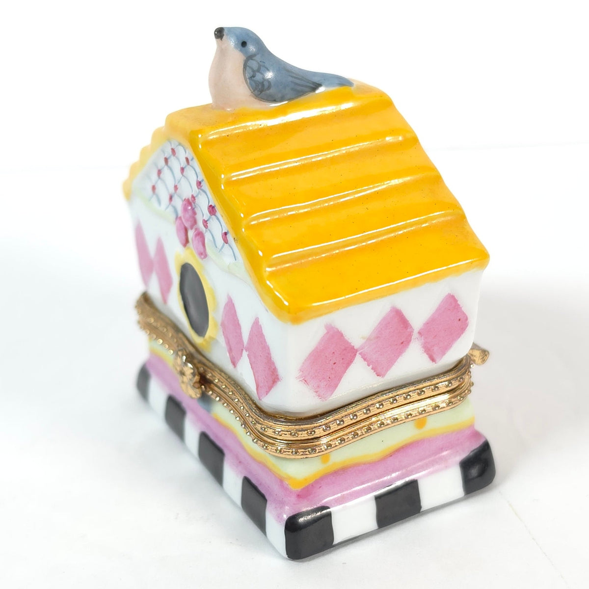 Bluebird Birdhouse Ceramic Hinged Trinket Box Yellow Roof Pink Diamonds