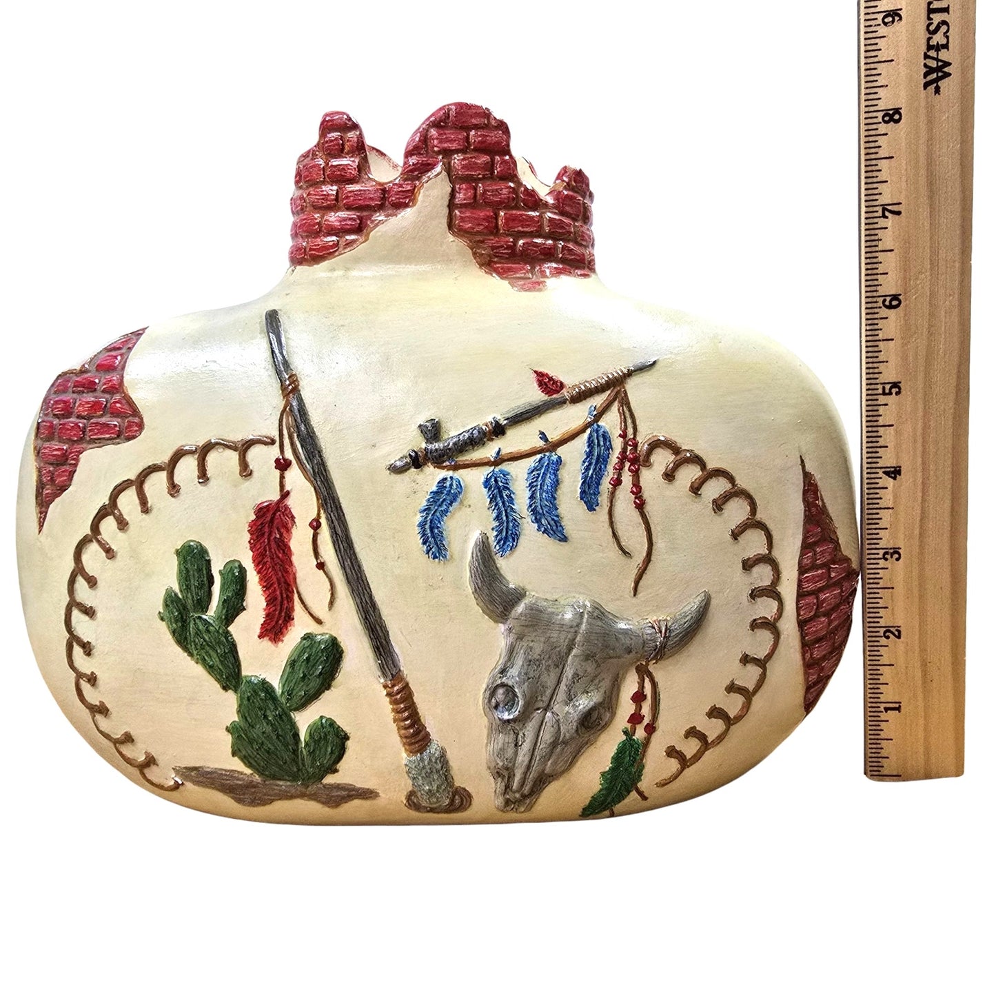 Vintage Macky Mold Southwestern Vase - Cactus, Feathers, Peace Pipe, Cow Skull