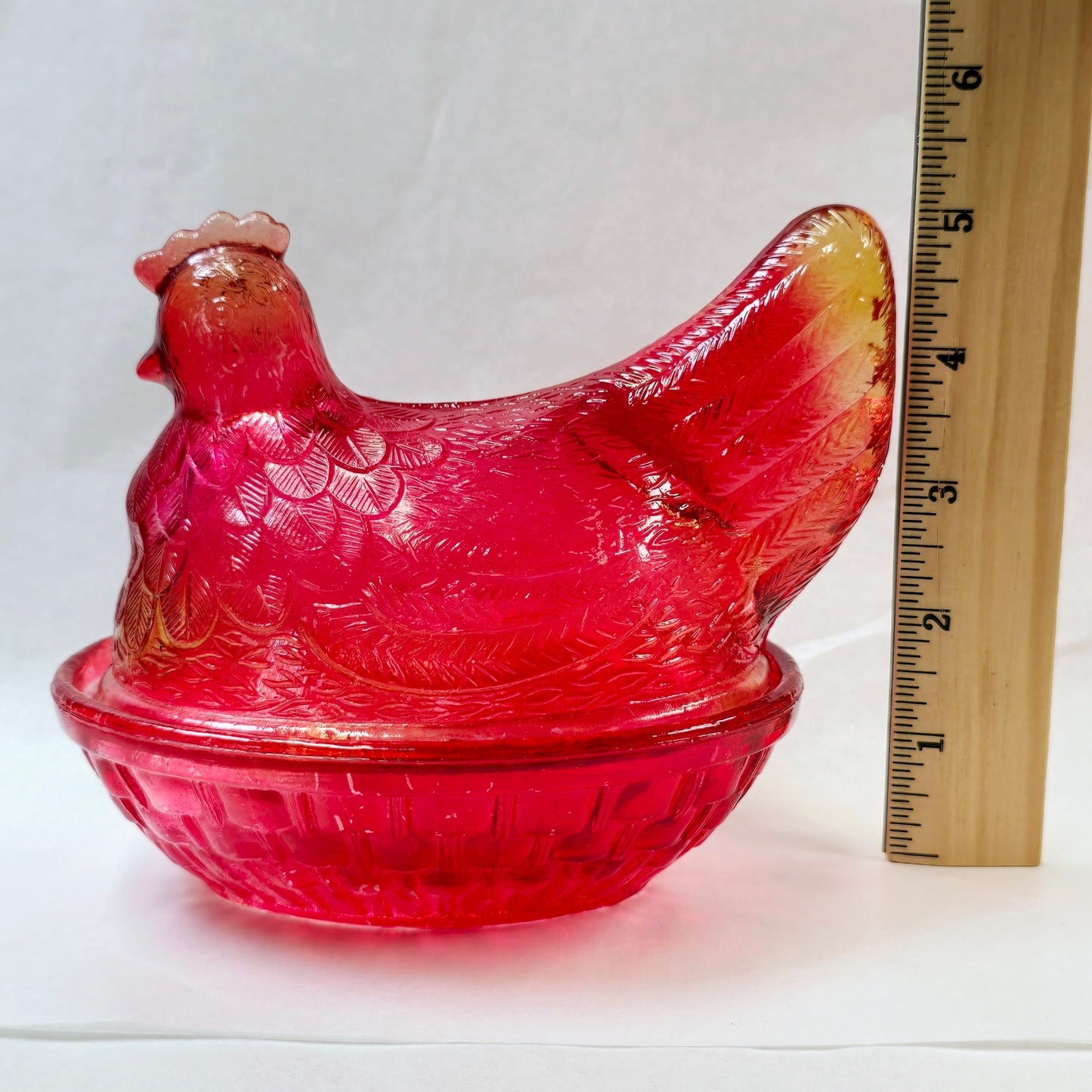 Vintage Red Amberina Flashed Glass Hen on Nest Lidded Candy Dish