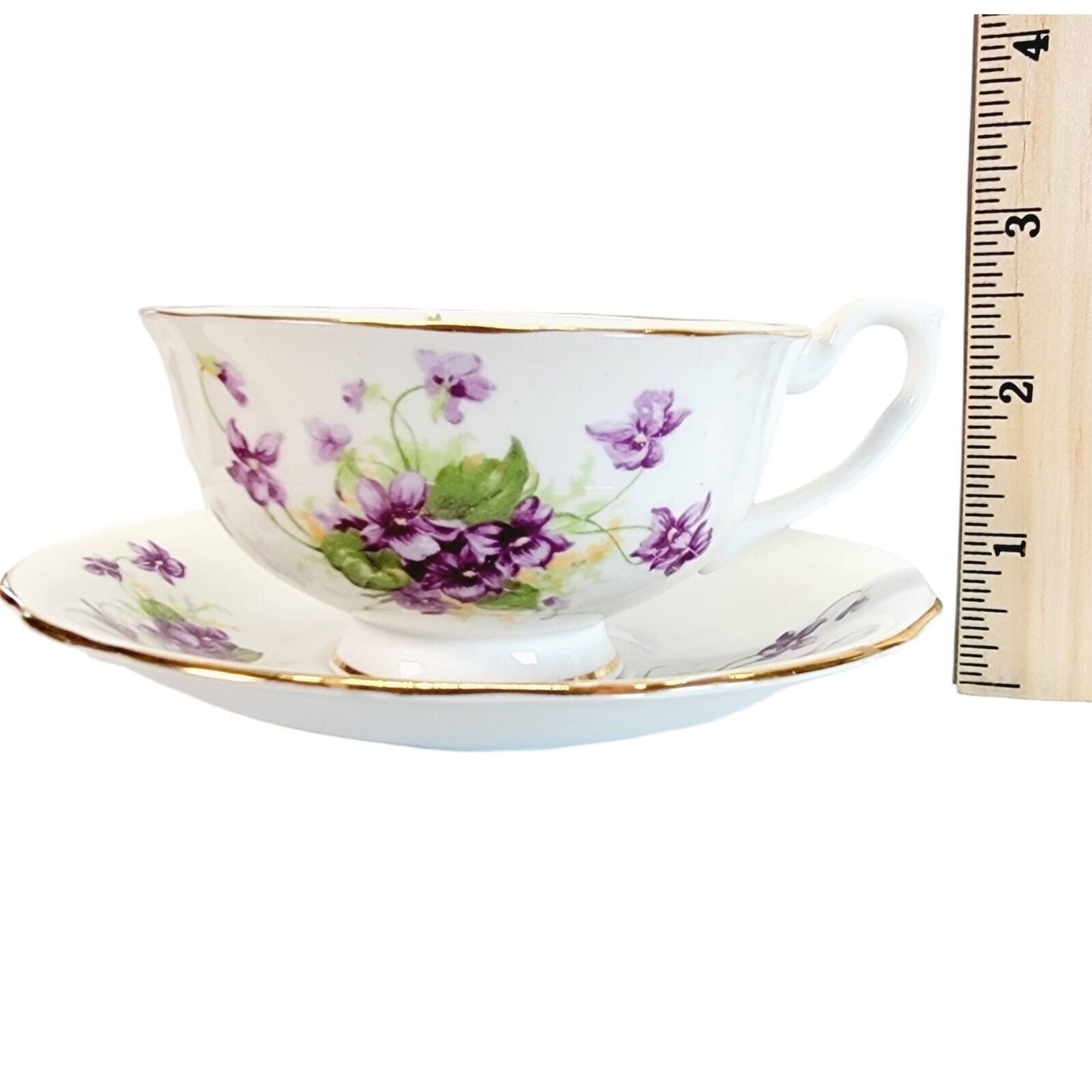 Clarence Bone China Teacup & Saucer Set Violet Floral Pattern Gold Trim Made in England